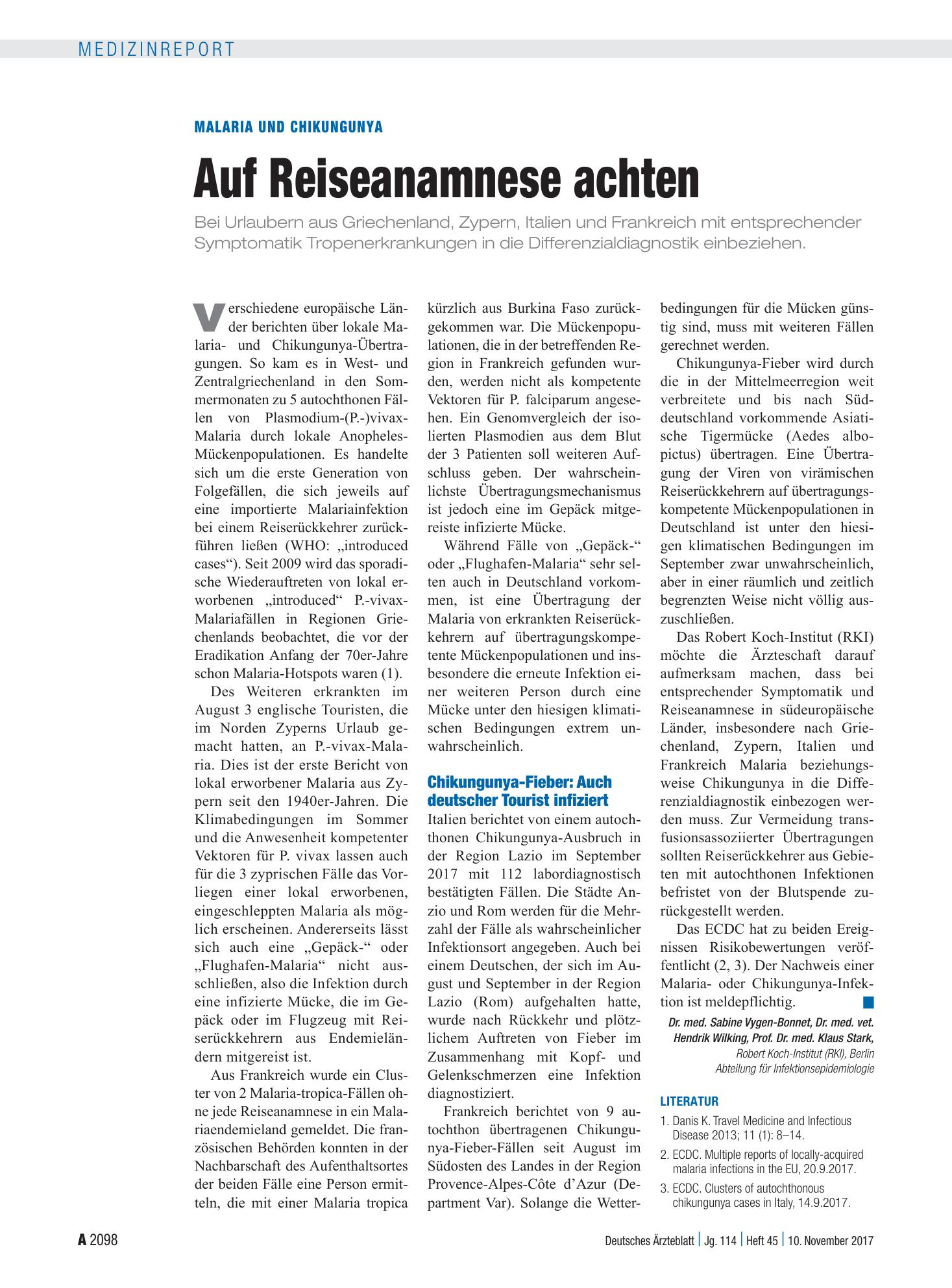 Vorschauseite 1: Malaria und Chikungunya: Auf Reiseanamnese achten – Deutsches Ärzteblatt
