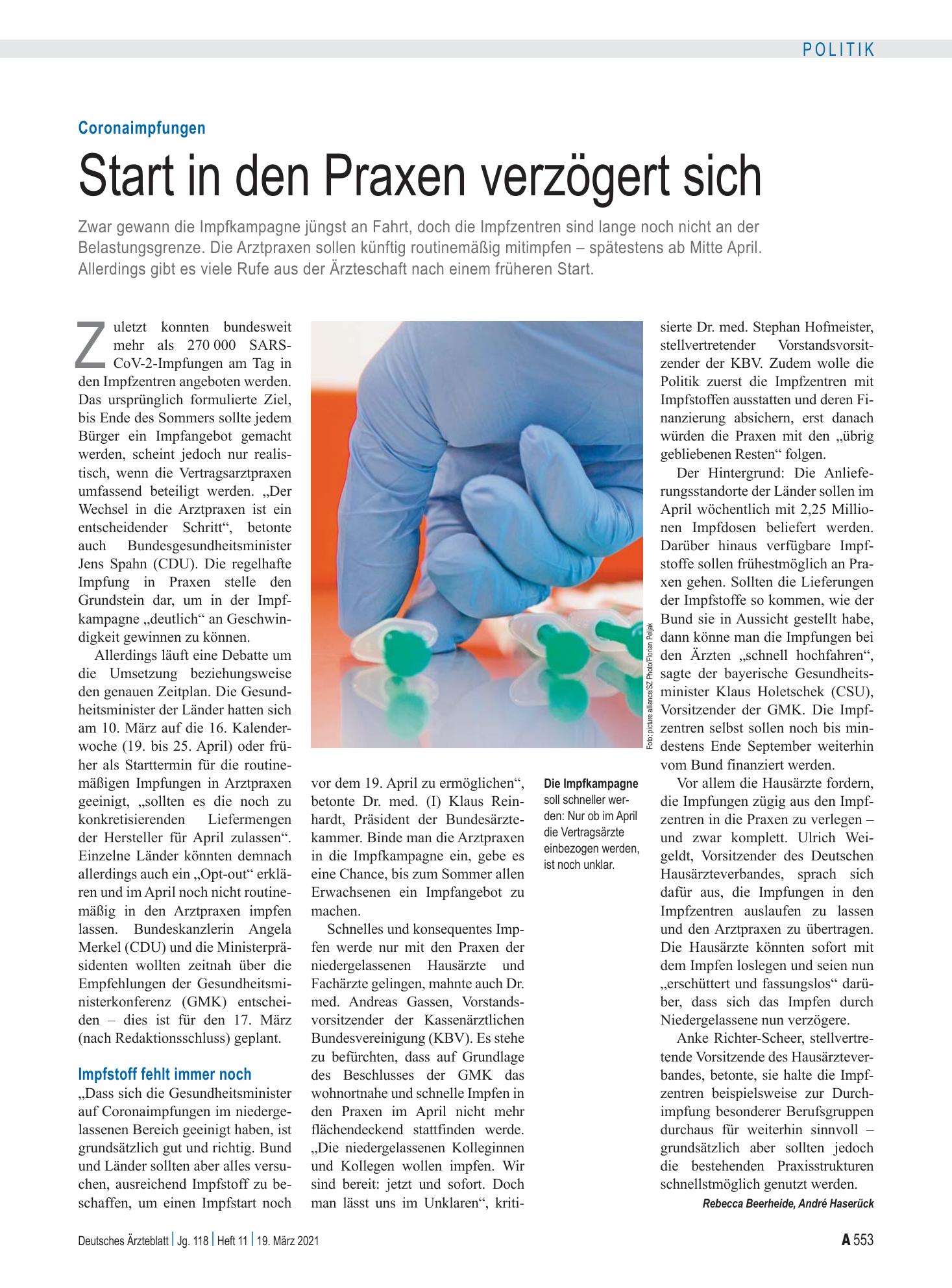 Vorschauseite 1: Coronaimpfungen: Start in den Praxen verzögert sich – Deutsches Ärzteblatt