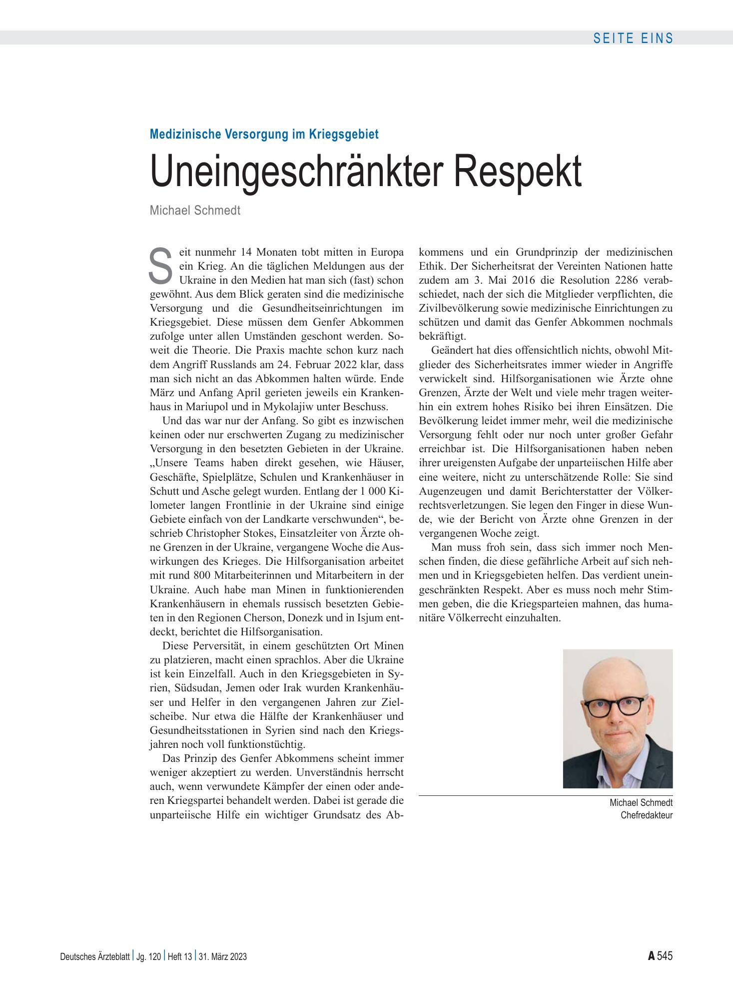 Vorschauseite 1: Medizinische Versorgung im Kriegsgebiet: Uneingeschränkter Respekt – Deutsches Ärzteblatt