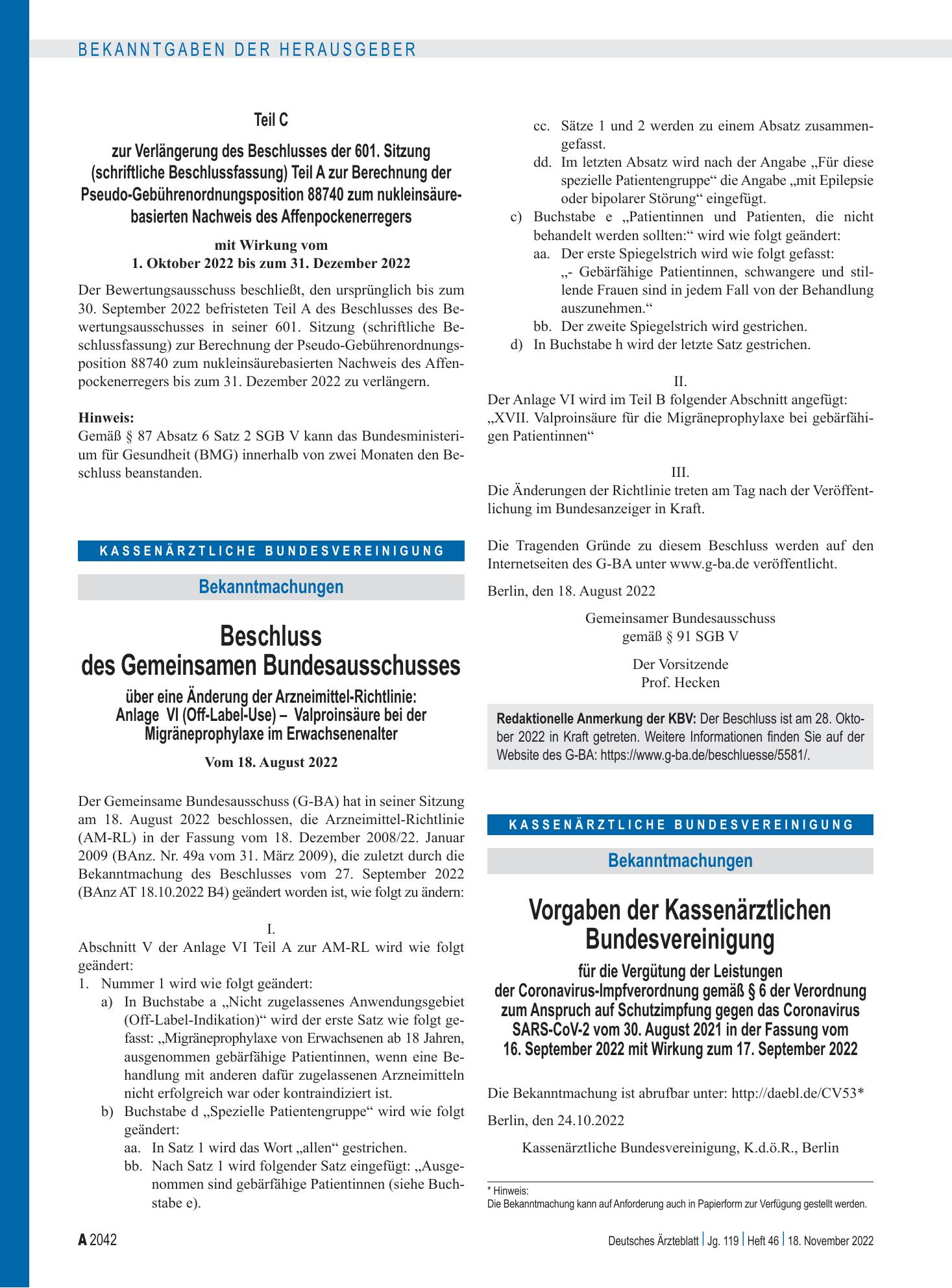 Vorschauseite 1: Beschluss des Gemeinsamen Bundesausschusses über eine Änderung der Arzneimittel-Richtlinie: Anlage VI (Off-Label-Use) – Valproinsäure bei der Migräneprophylaxe im Erwachsenenalter…