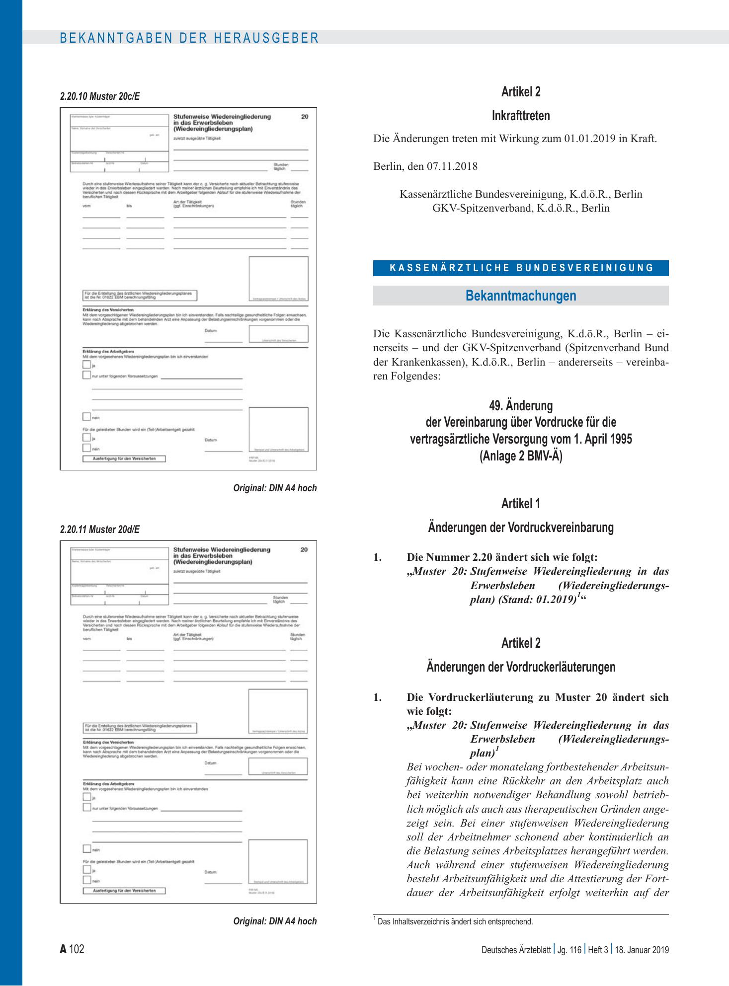 Vorschauseite 1: 49. Änderung der Vereinbarung über Vordrucke für die vertragsärztliche Versorgung vom 1. April 1995 (Anlage 2 BMV-Ä) – Deutsches Ärzteblatt
