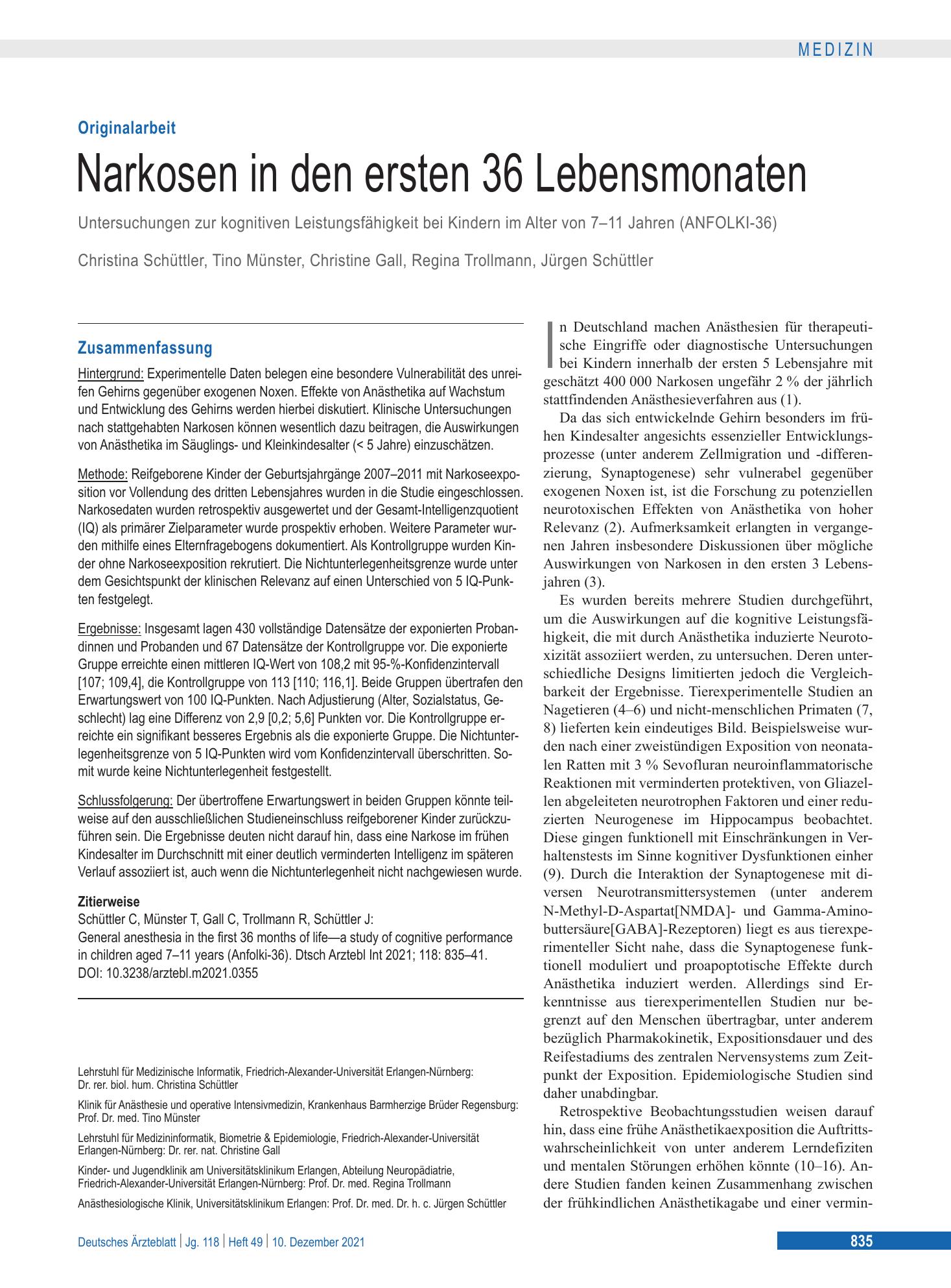 Vorschauseite 1: Narkosen in den ersten 36 Lebensmonaten – Deutsches Ärzteblatt