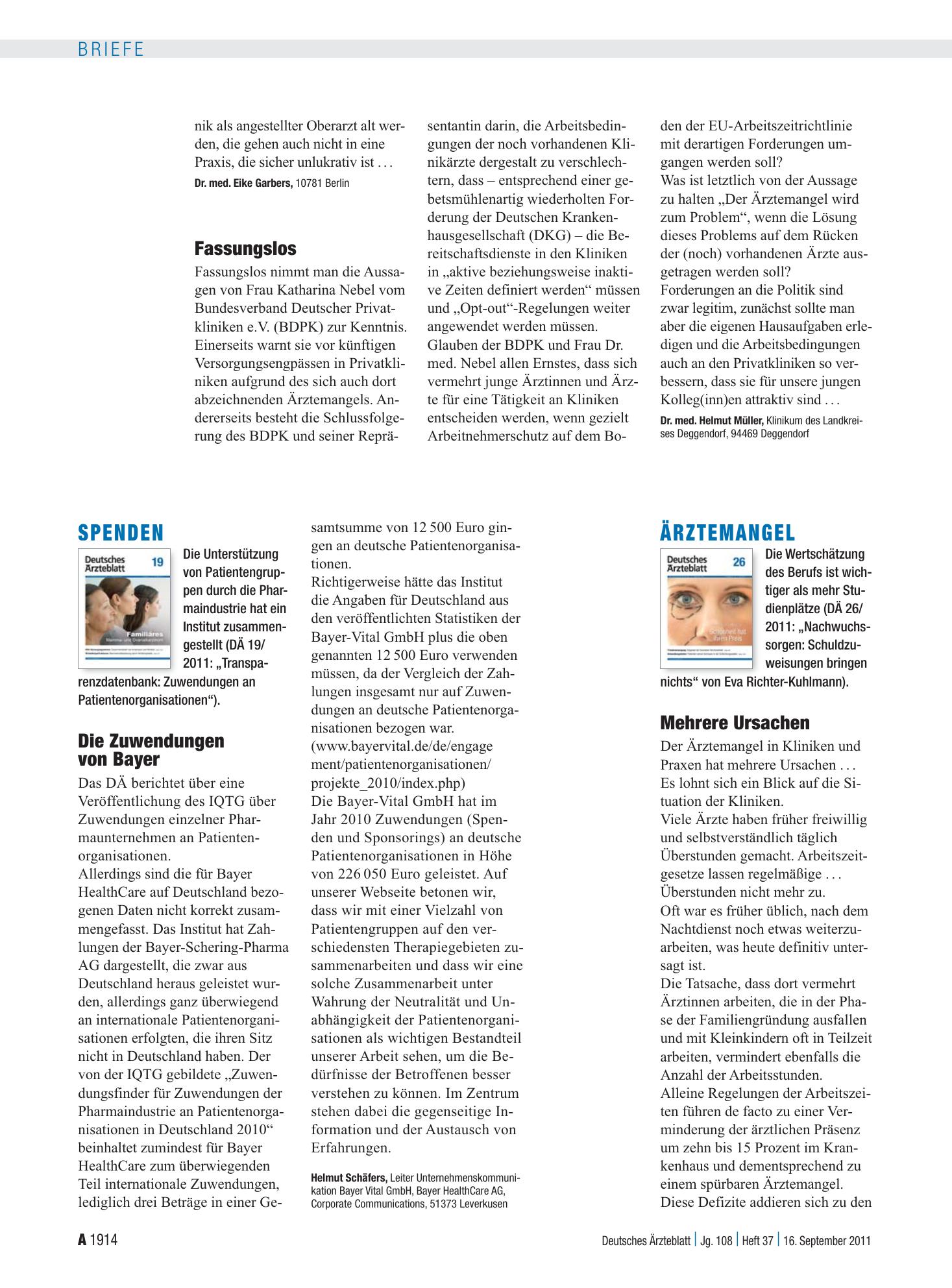 Vorschauseite 1: Spenden: Die Zuwendungen von Bayer – Deutsches Ärzteblatt