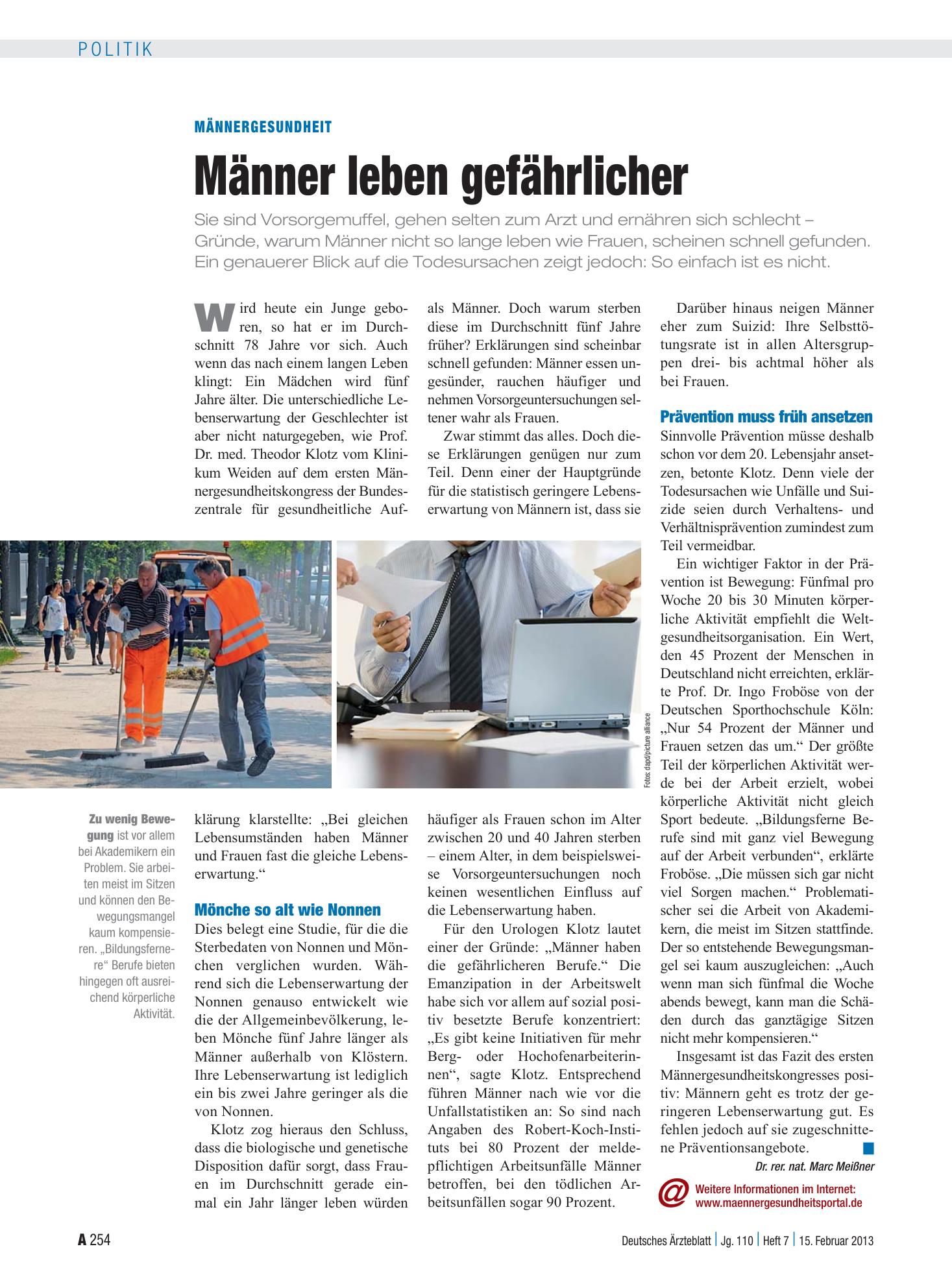 Vorschauseite 1: Männergesundheit: Männer leben gefährlicher – Deutsches Ärzteblatt
