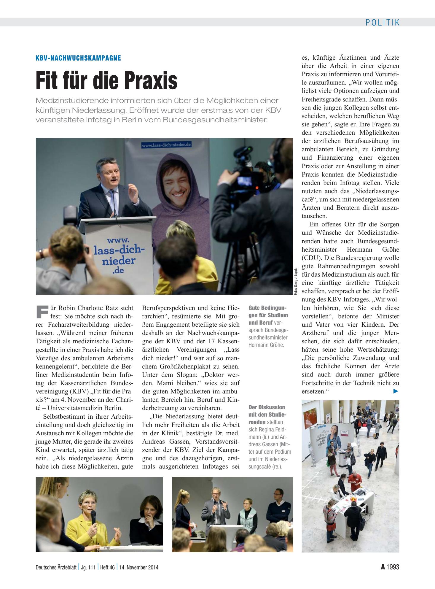 Vorschauseite 1: KBV-Nachwuchskampagne: Fit für die Praxis – Deutsches Ärzteblatt