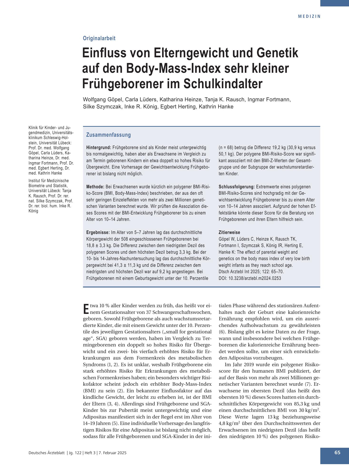 Vorschauseite 1: Einfluss von Elterngewicht und Genetik auf den Body-Mass-Index sehr kleiner Frühgeborener im Schulkindalter – Deutsches Ärzteblatt