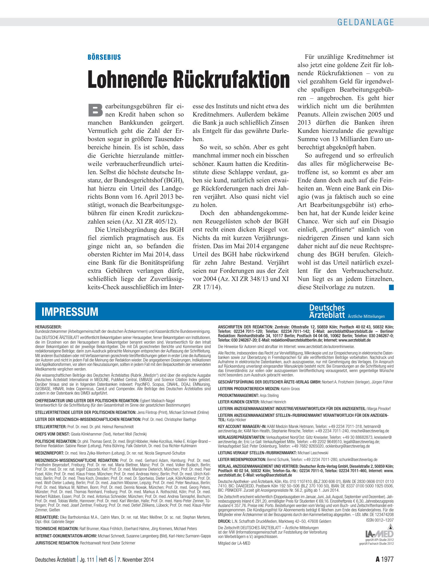 Vorschauseite 1: Börsebius: Lohnende Rückrufaktion – Deutsches Ärzteblatt