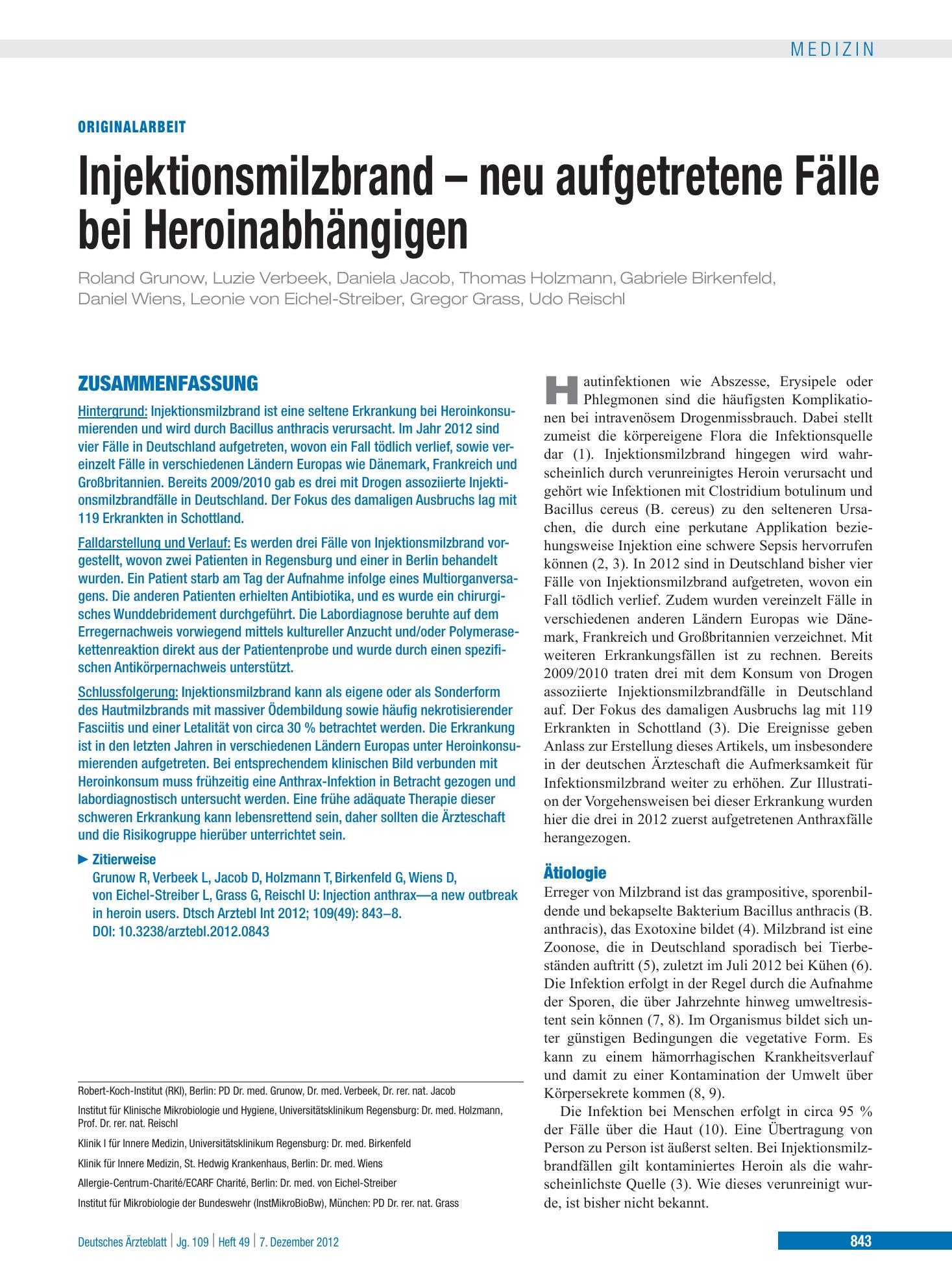 Vorschauseite 1: Injektionsmilzbrand – neu aufgetretene Fälle bei Heroinabhängigen – Deutsches Ärzteblatt