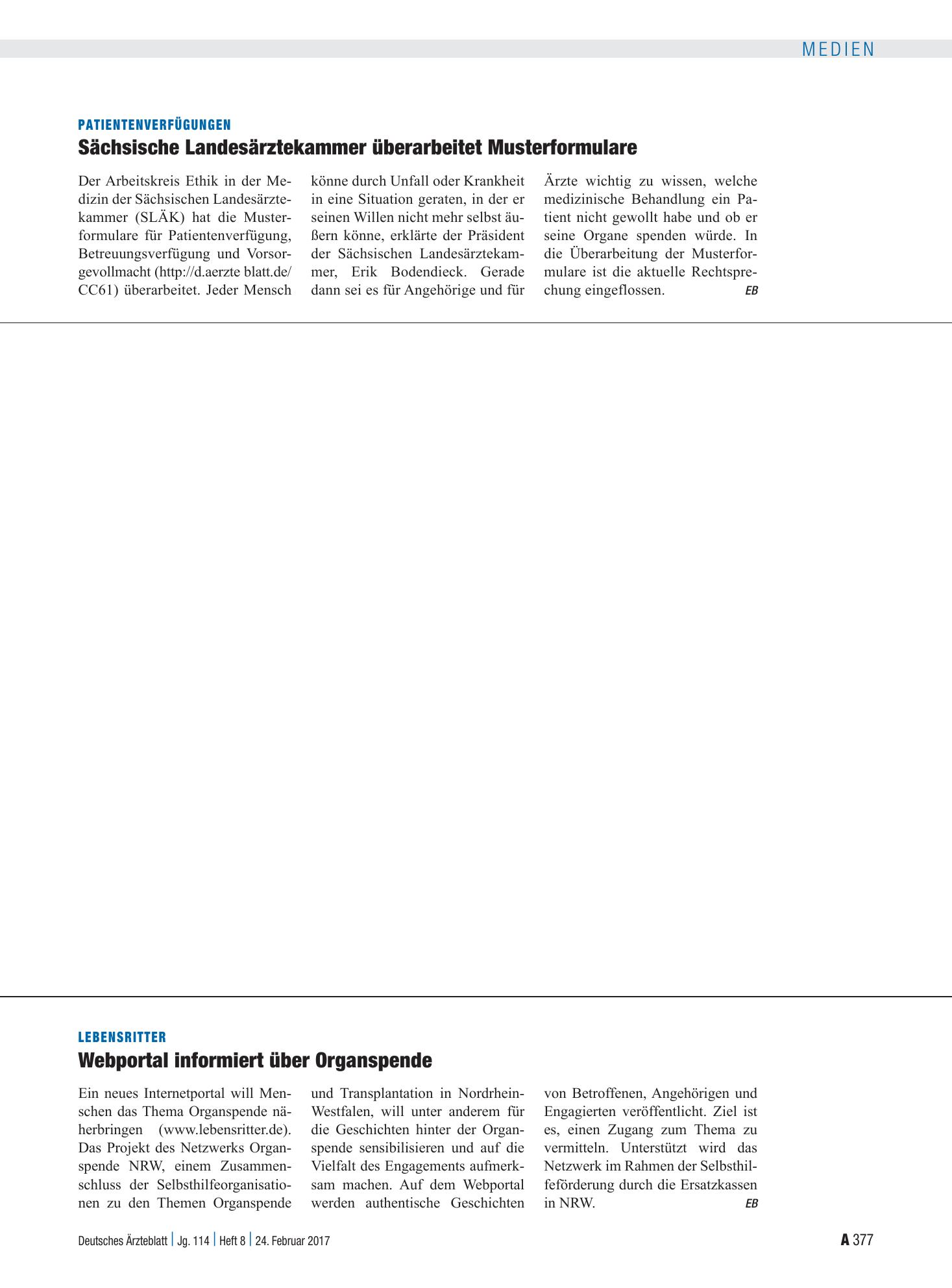 Vorschauseite 1: Lebensritter: Webportal informiert über Organspende – Deutsches Ärzteblatt
