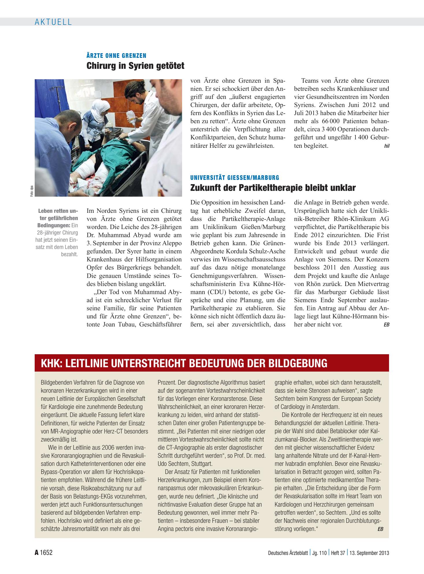 Vorschauseite 1: Ärzte ohne Grenzen: Chirurg in Syrien getötet – Deutsches Ärzteblatt