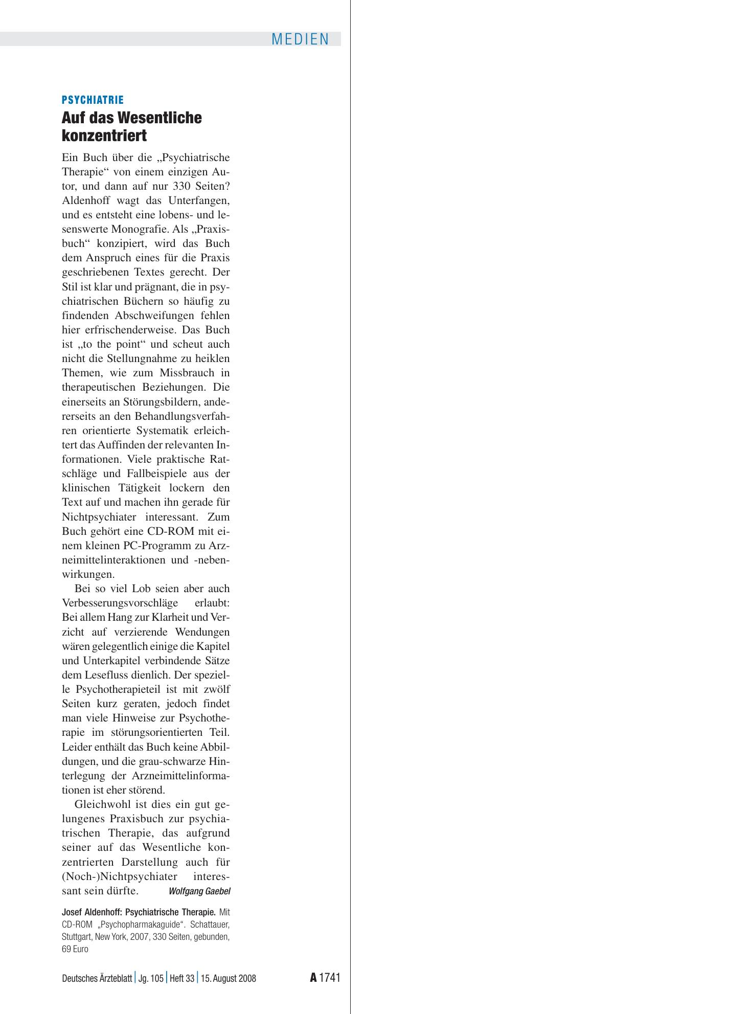 Vorschauseite 1: Psychiatrie: Auf das Wesentliche konzentriert – Deutsches Ärzteblatt