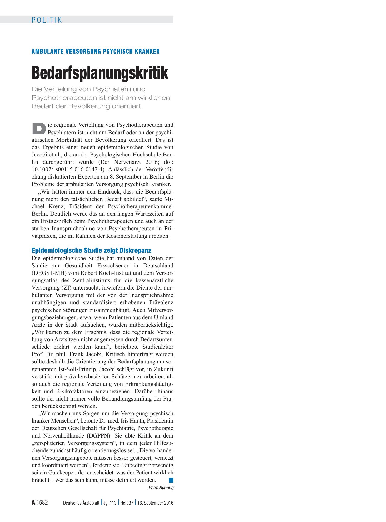 Vorschauseite 1: Ambulante Versorgung psychisch Kranker: Bedarfsplanungskritik – Deutsches Ärzteblatt