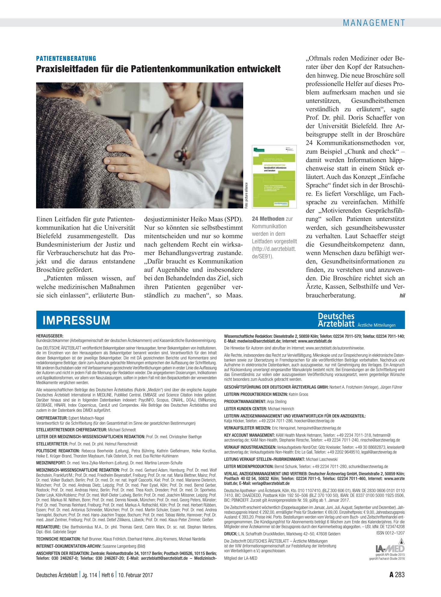 Vorschauseite 1: Patientenberatung: Praxisleitfaden für die Patientenkommunikation entwickelt – Deutsches Ärzteblatt