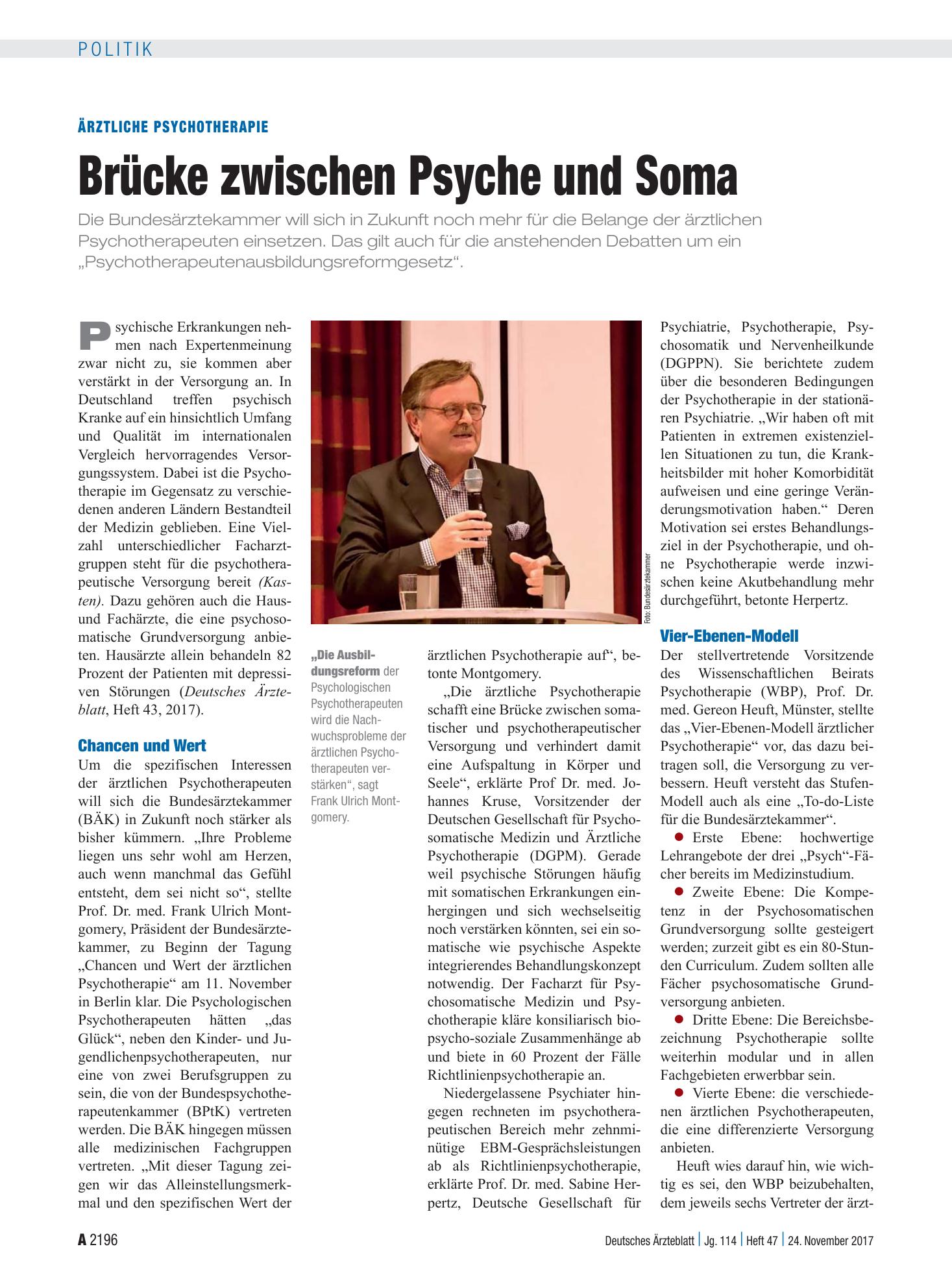 Vorschauseite 1: Ärztliche Psychotherapie: Brücke zwischen Psyche und Soma – Deutsches Ärzteblatt
