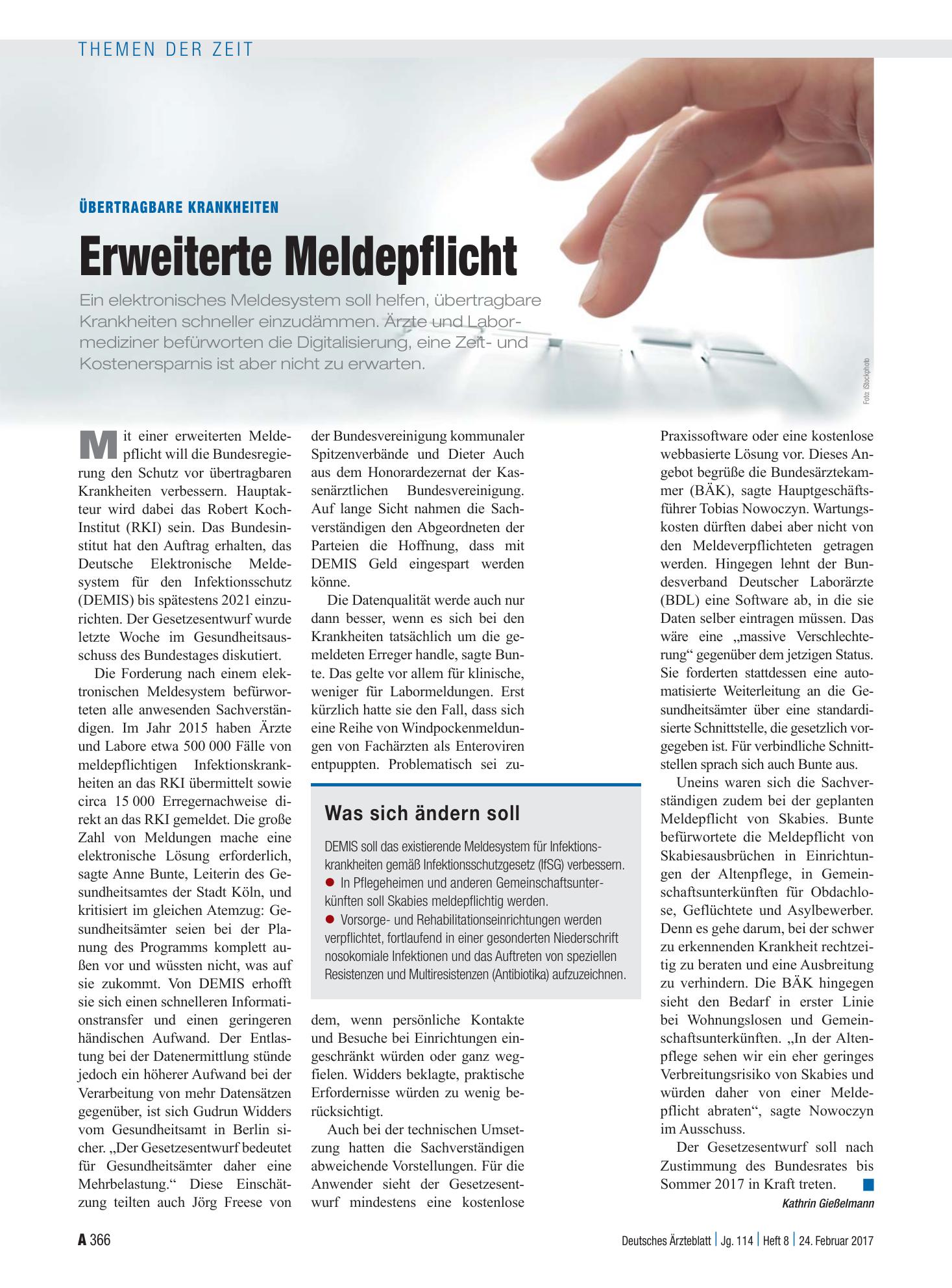 Vorschauseite 1: Übertragbare Krankheiten: Erweiterte Meldepflicht – Deutsches Ärzteblatt