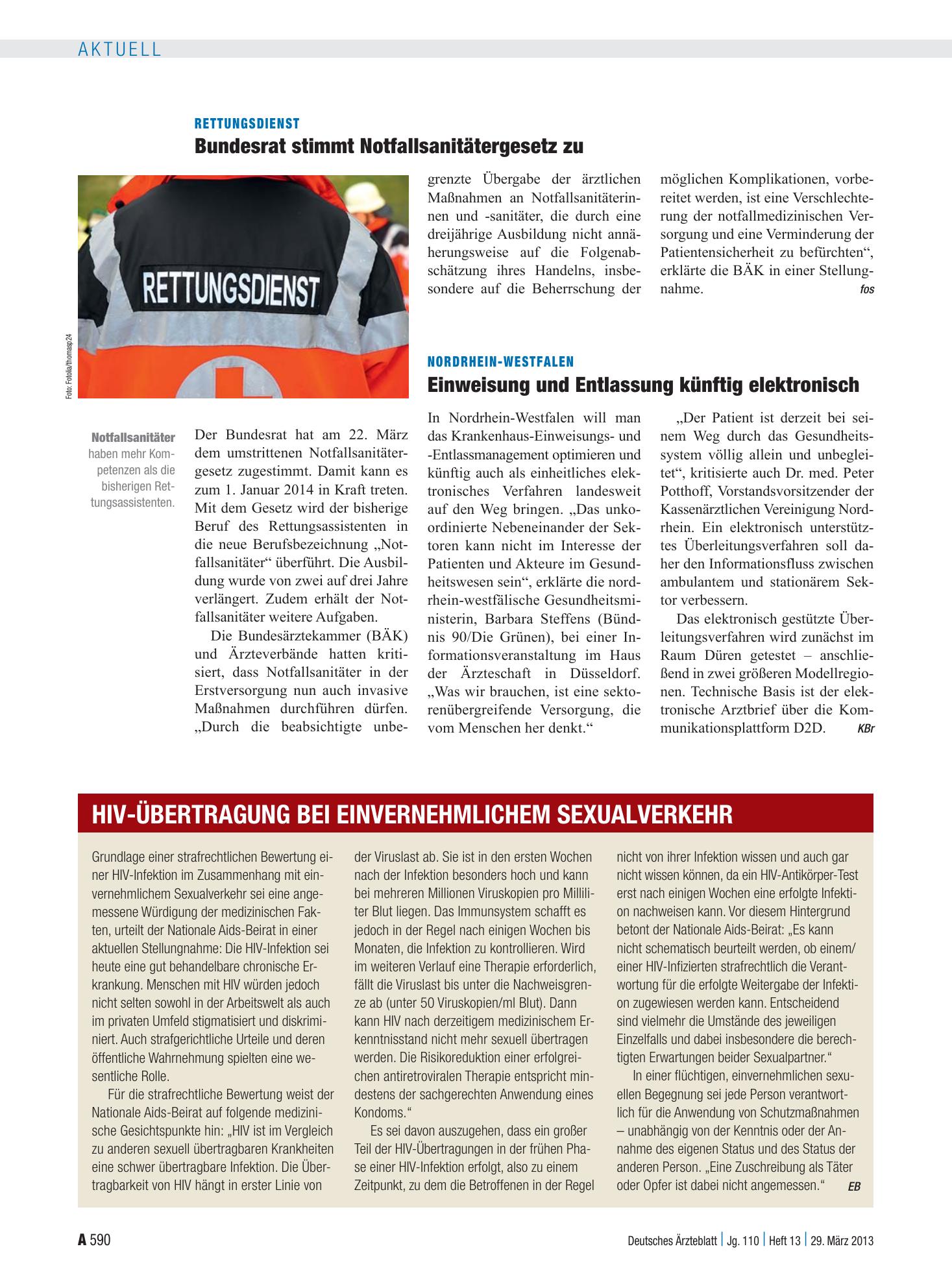Vorschauseite 1: HIV-Übertragung bei einvernehmlichem Sexualverkehr – Deutsches Ärzteblatt
