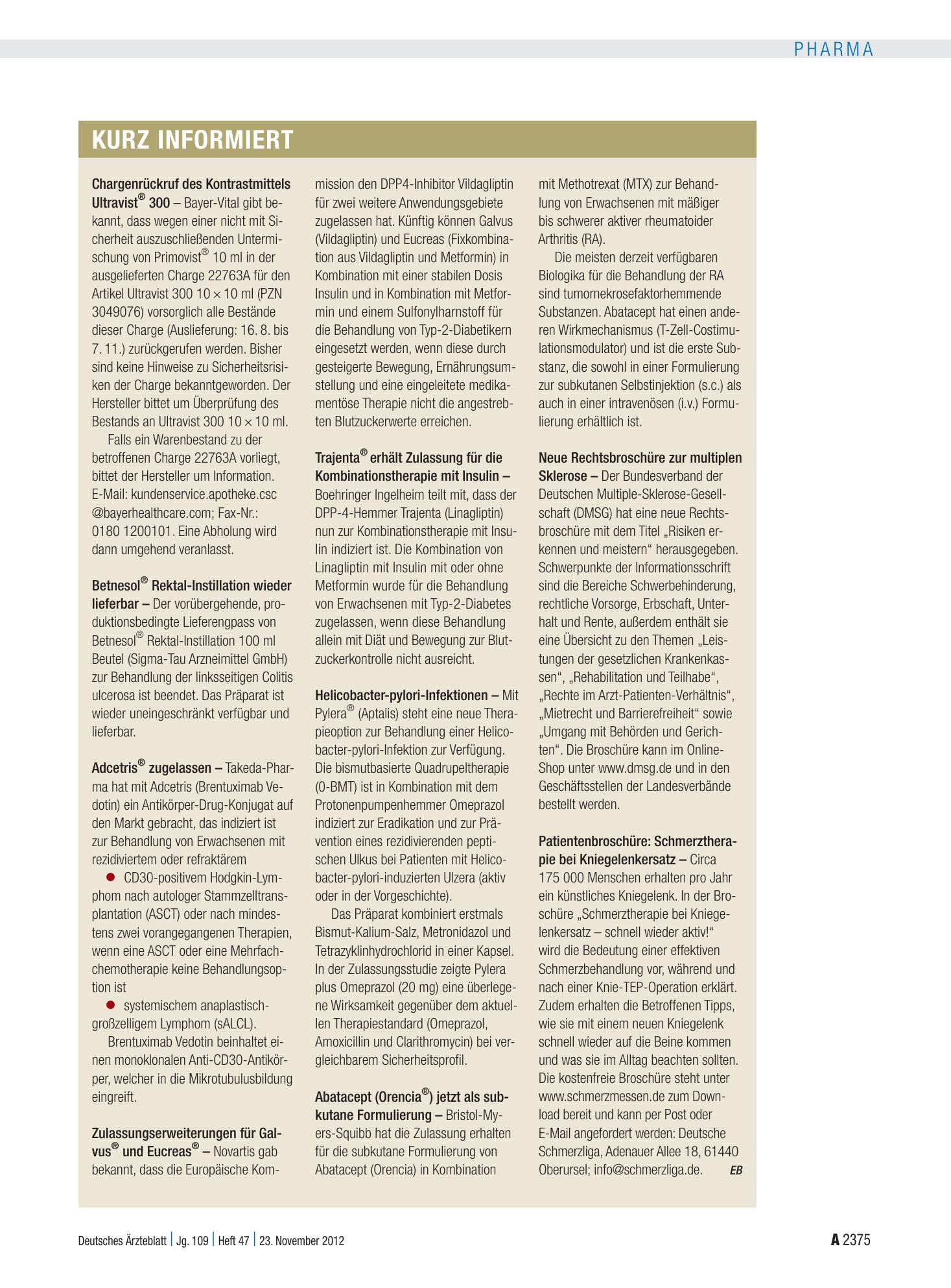 Vorschauseite 1: Kurz informiert – Deutsches Ärzteblatt
