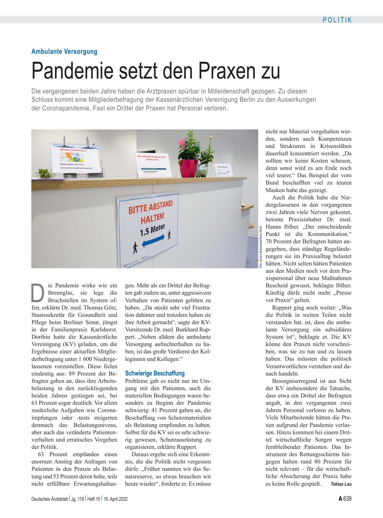 Vorschauseite 1: Ambulante Versorgung: Pandemie setzt den Praxen zu – Deutsches Ärzteblatt