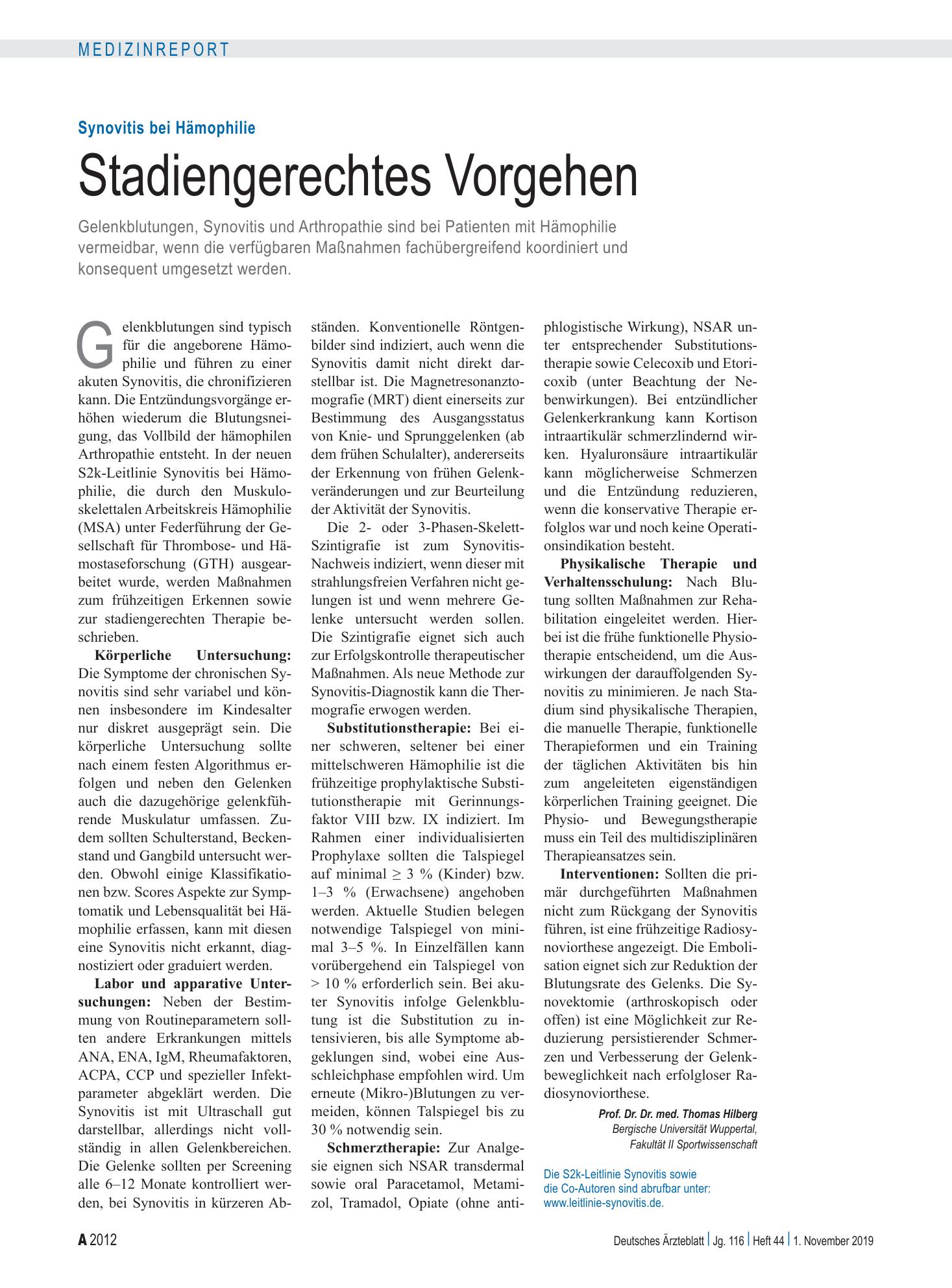 Vorschauseite 1: Synovitis bei Hämophilie: Stadiengerechtes Vorgehen – Deutsches Ärzteblatt