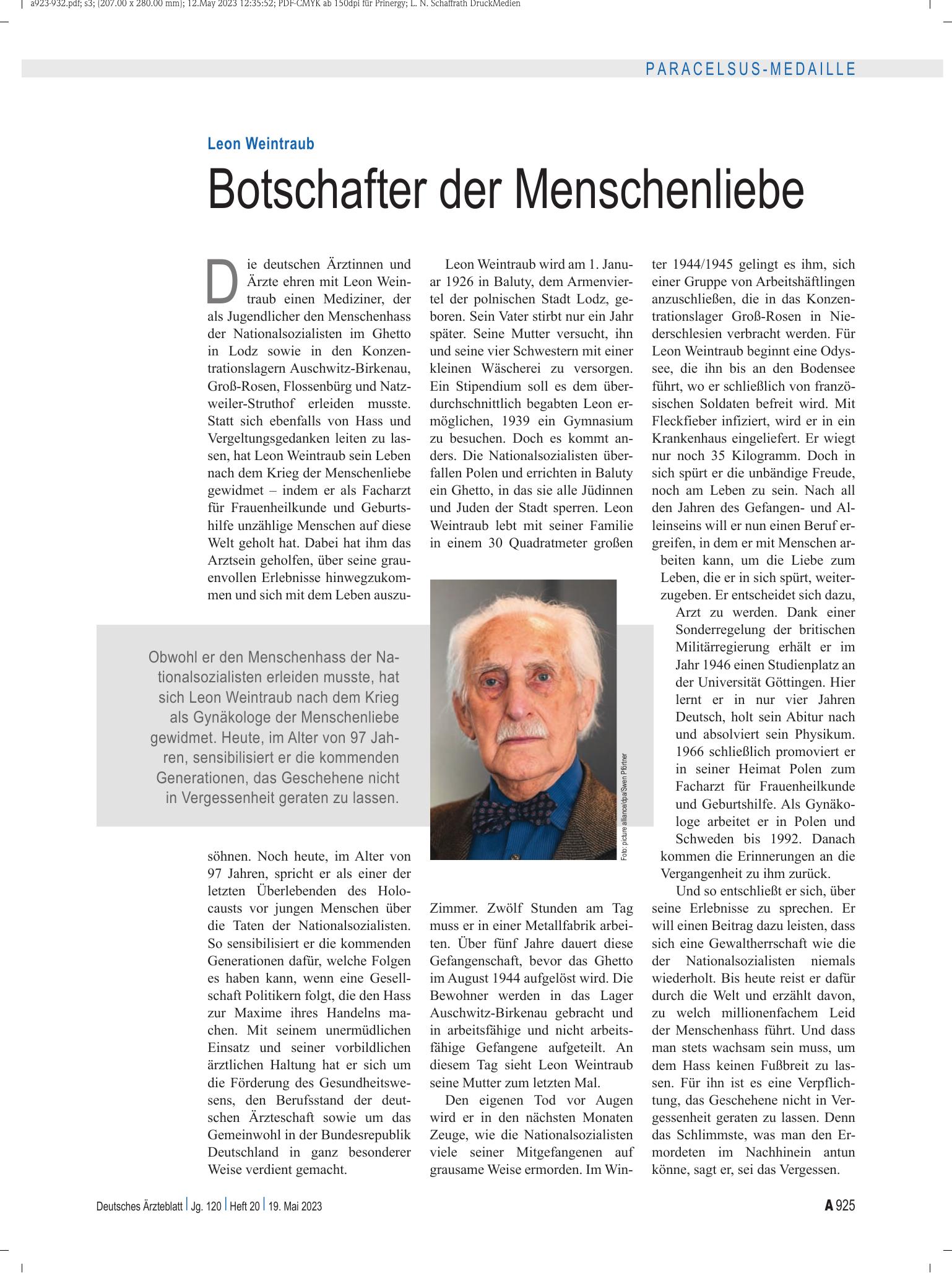 Vorschauseite 1: Leon Weintraub: Botschafter der Menschenliebe – Deutsches Ärzteblatt