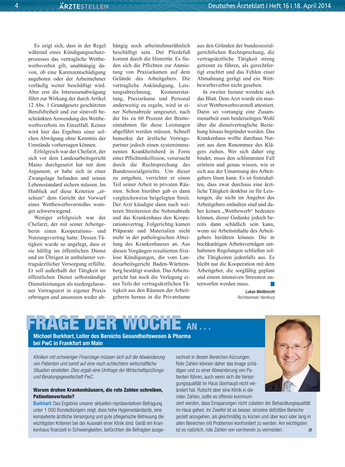 Vorschauseite 1: Frage der Woche an . . . Michael Burkhart, Leiter des Bereichs Gesundheitswesen & Pharma bei PwC in Frankfurt am Main – Deutsches Ärzteblatt