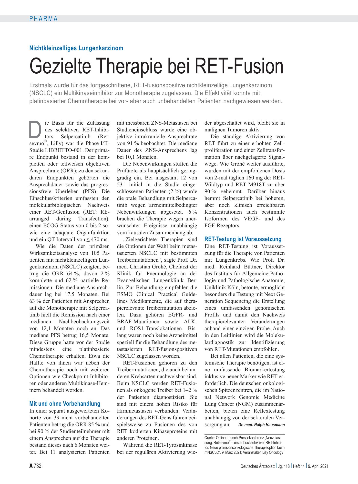 Vorschauseite 1: Nichtkleinzelliges Lungenkarzinom: Gezielte Therapie bei RET-Fusion – Deutsches Ärzteblatt