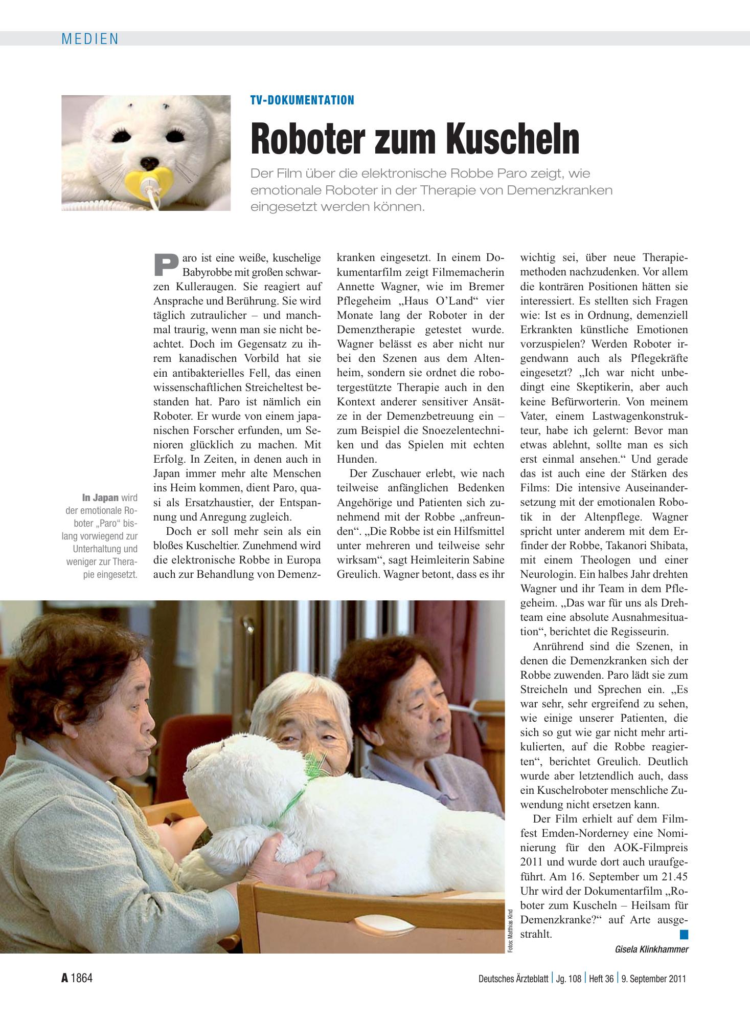Vorschauseite 1: TV-Dokumentation: Roboter zum Kuscheln – Deutsches Ärzteblatt