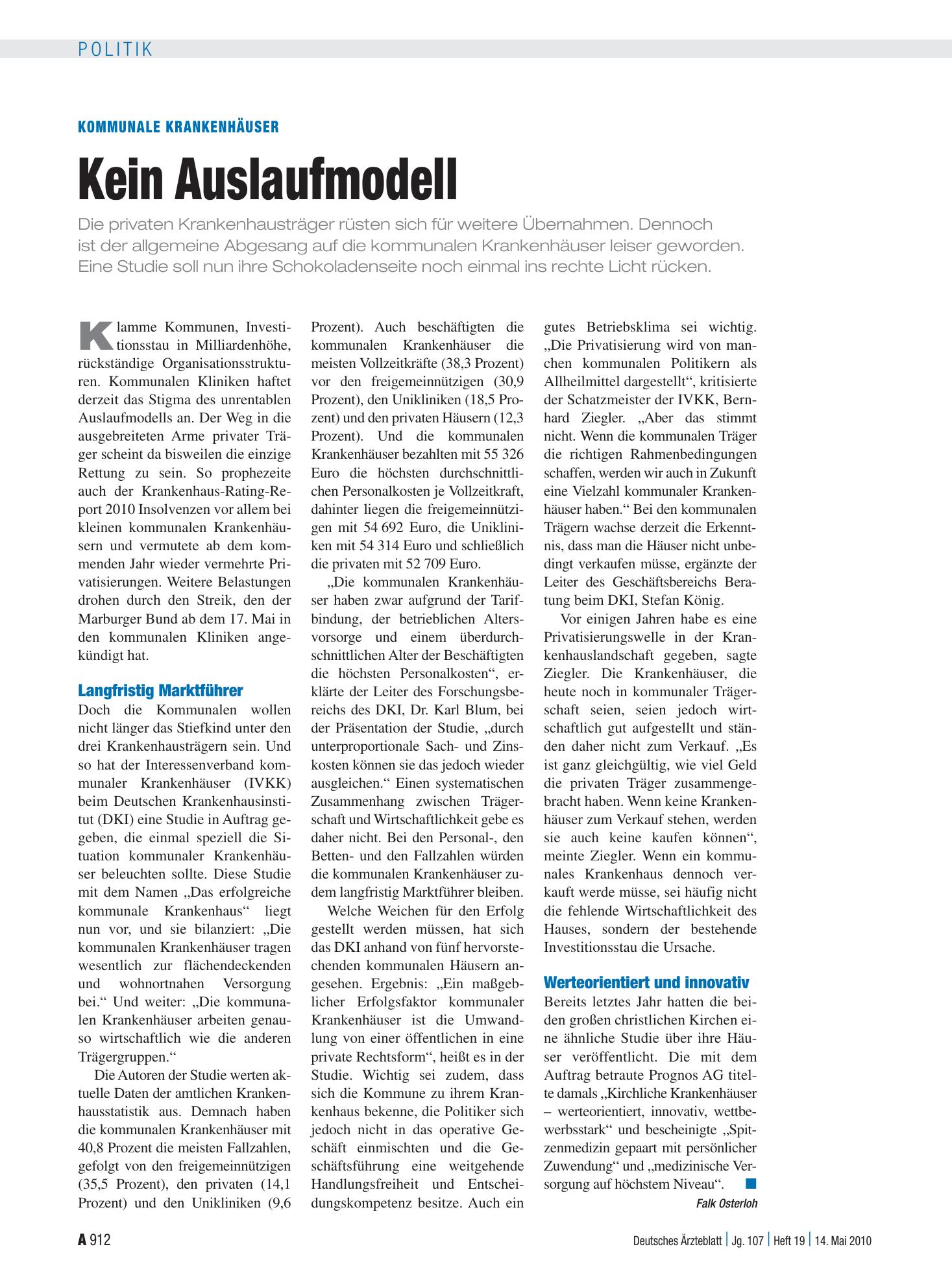 Vorschauseite 1: Kommunale Krankenhäuser: Kein Auslaufmodell – Deutsches Ärzteblatt