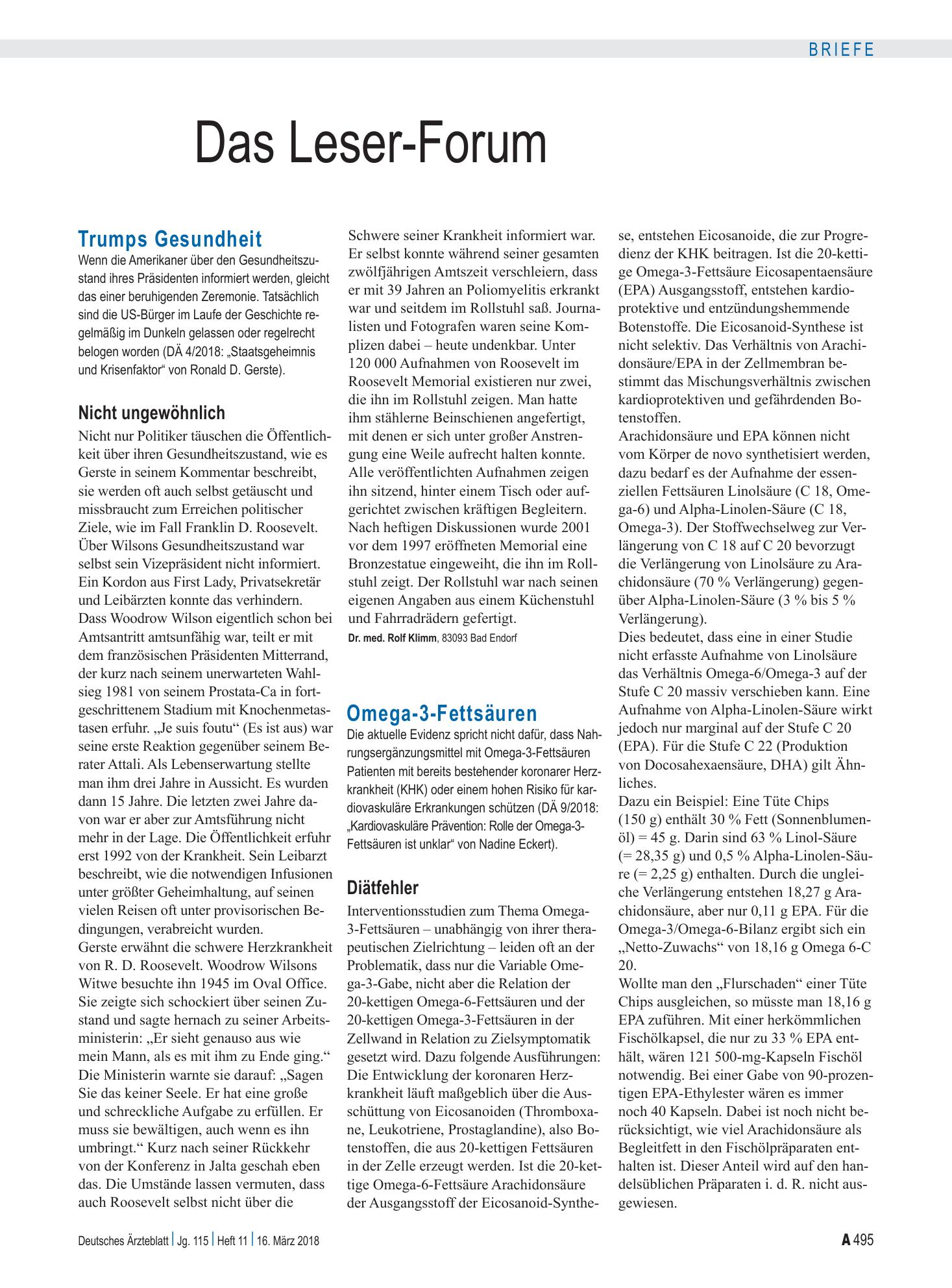 Vorschauseite 1: Omega-3-Fettsäuren: Diätfehler – Deutsches Ärzteblatt