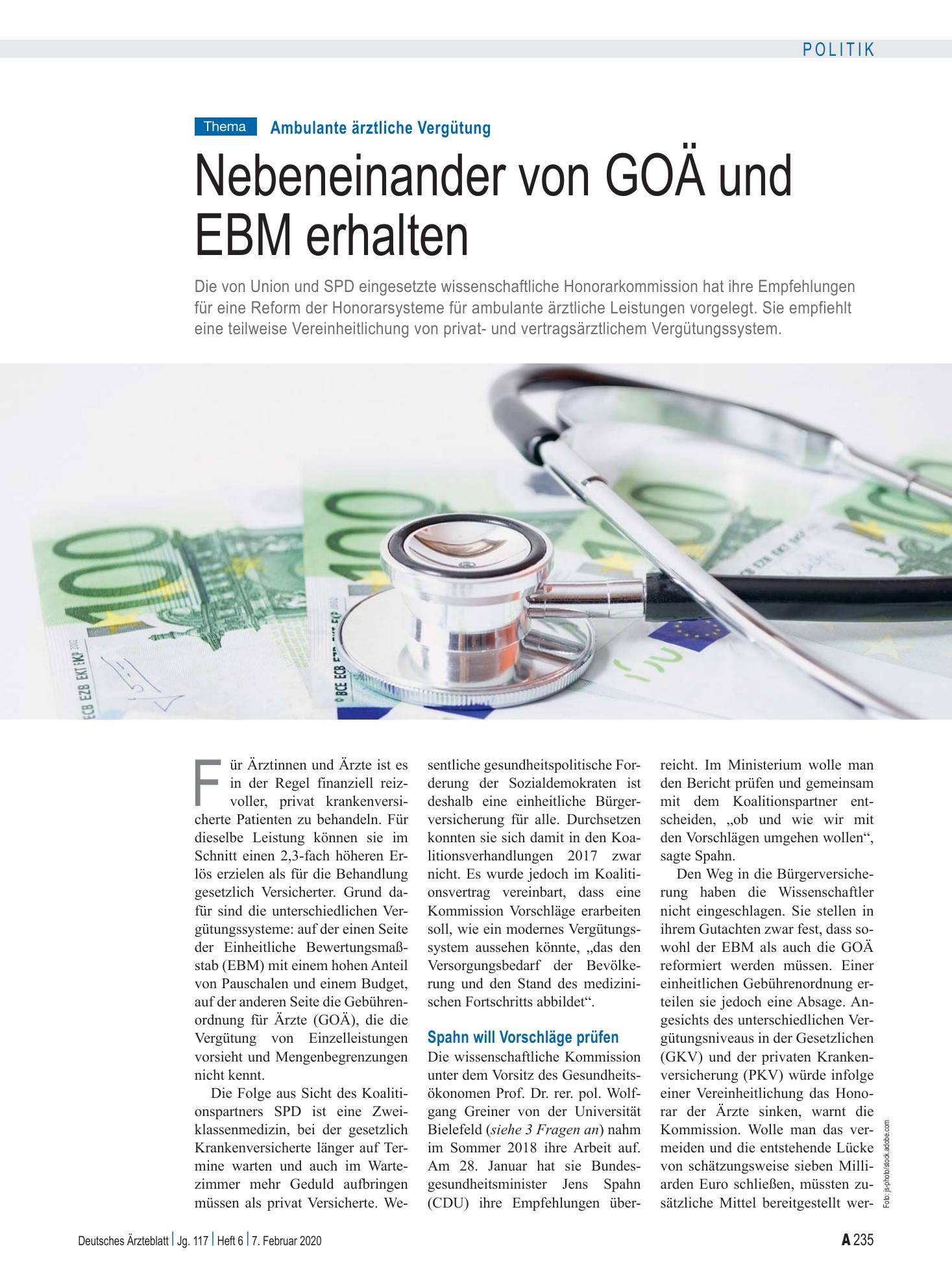 Vorschauseite 1: Ambulante ärztliche Vergütung: Nebeneinander von GOÄ und EBM erhalten – Deutsches Ärzteblatt