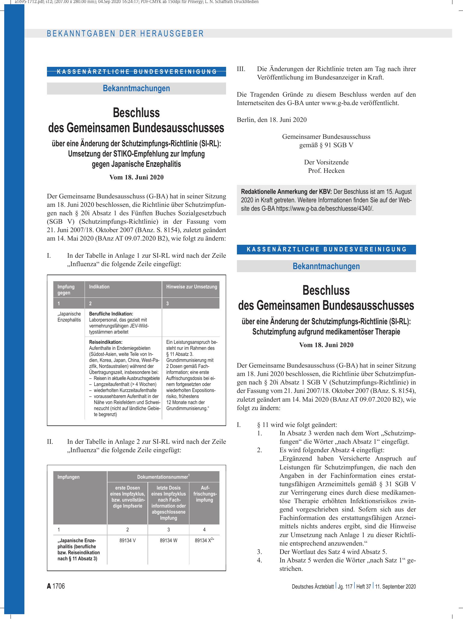 Vorschauseite 1: Beschluss des Gemeinsamen Bundesausschusses über eine Änderung der Schutzimpfungs-Richtlinie (SI-RL): Schutzimpfung aufgrund medikamentöser Therapie – Deutsches Ärzteblatt
