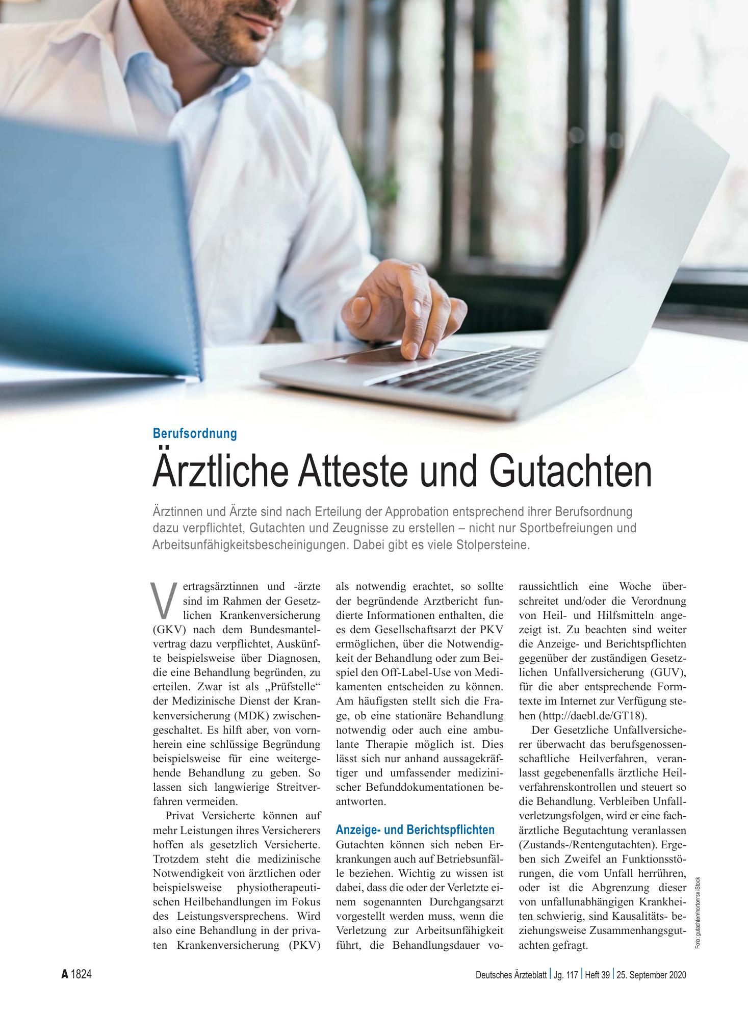 Vorschauseite 1: Berufsordnung: Ärztliche Atteste und Gutachten – Deutsches Ärzteblatt
