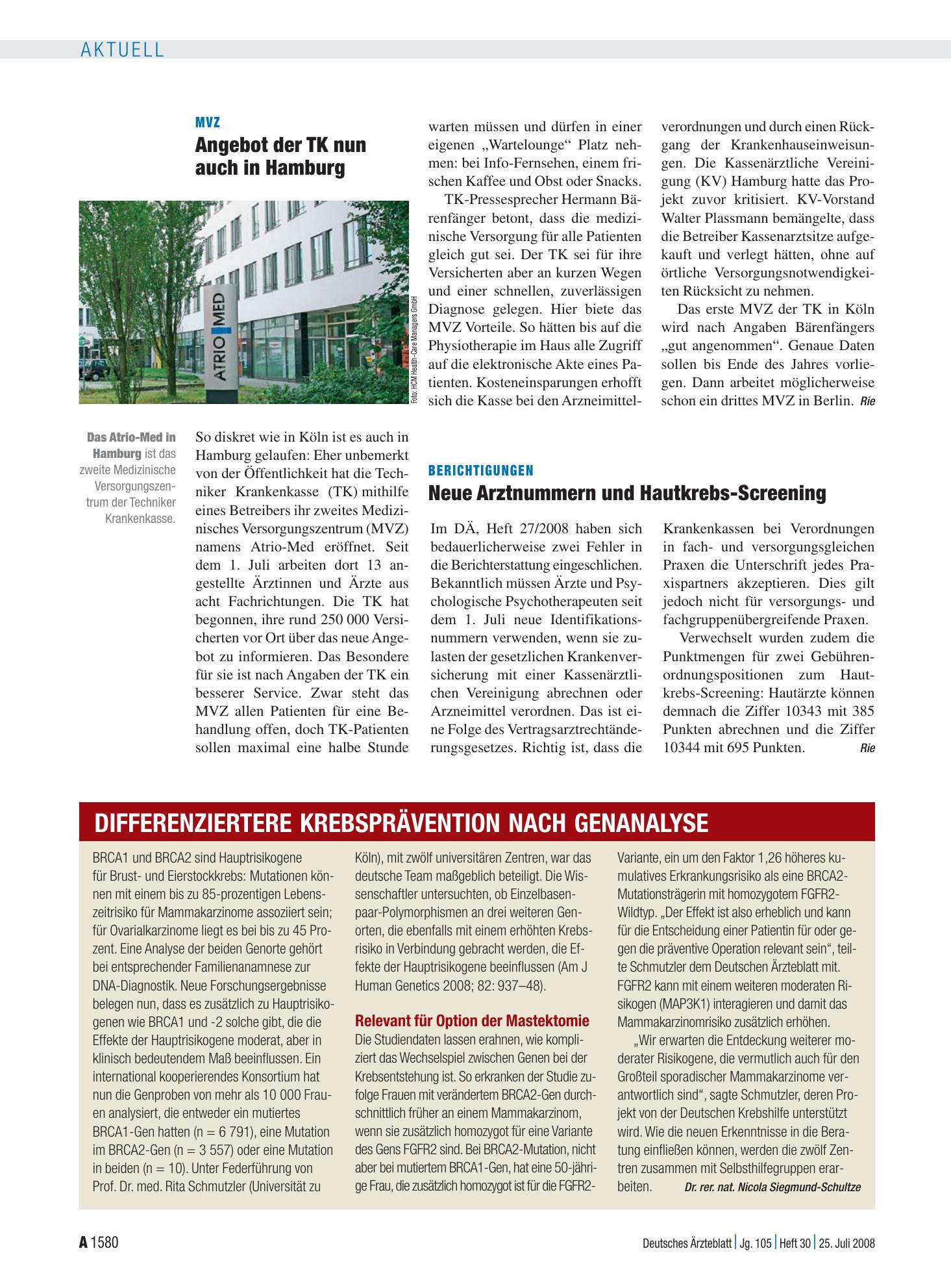 Vorschauseite 1: Differenziertere Krebsprävention nach Genanalyse – Deutsches Ärzteblatt
