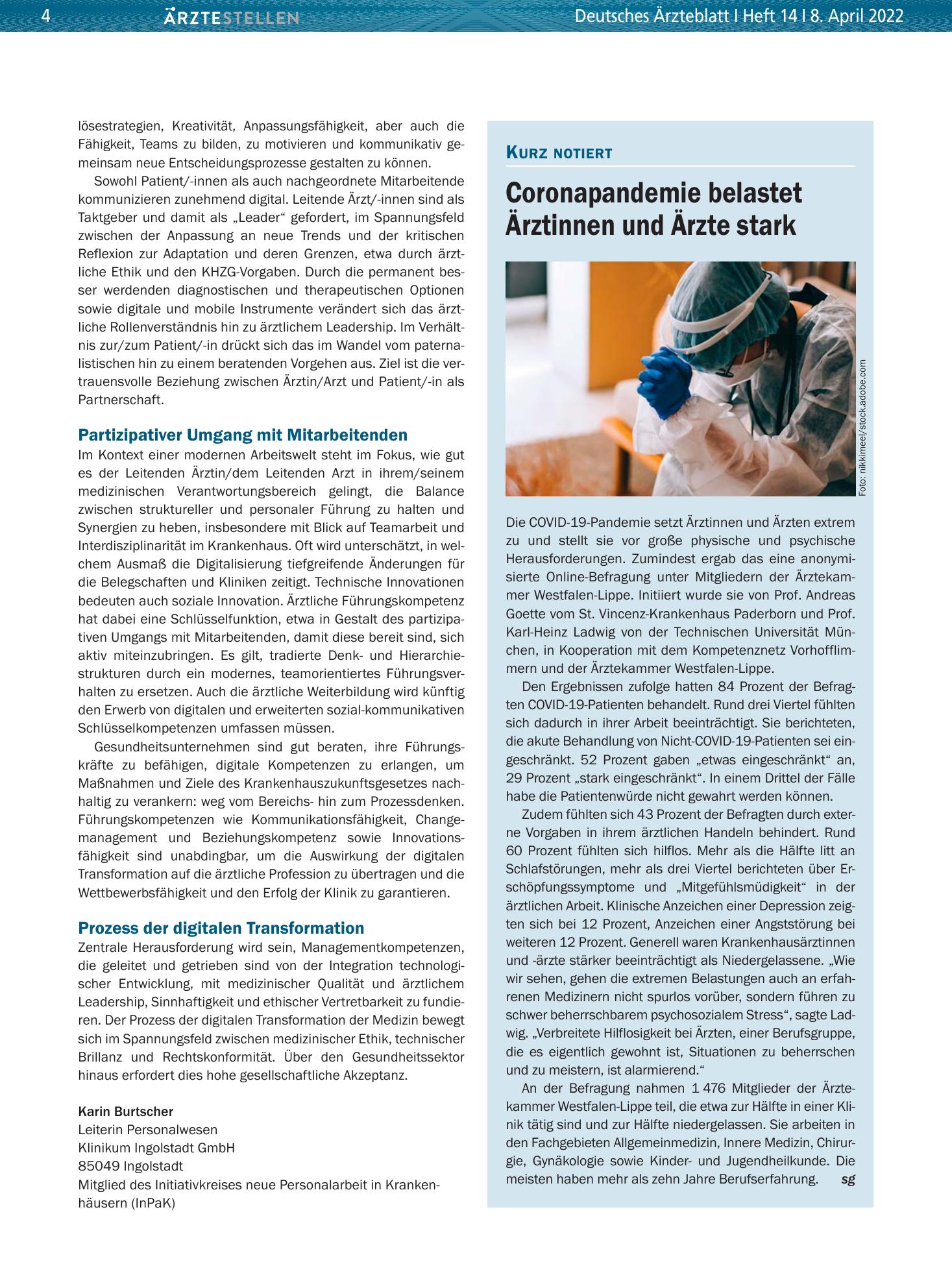Vorschauseite 1: Coronapandemie belastet Ärztinnen und Ärzte stark – Deutsches Ärzteblatt