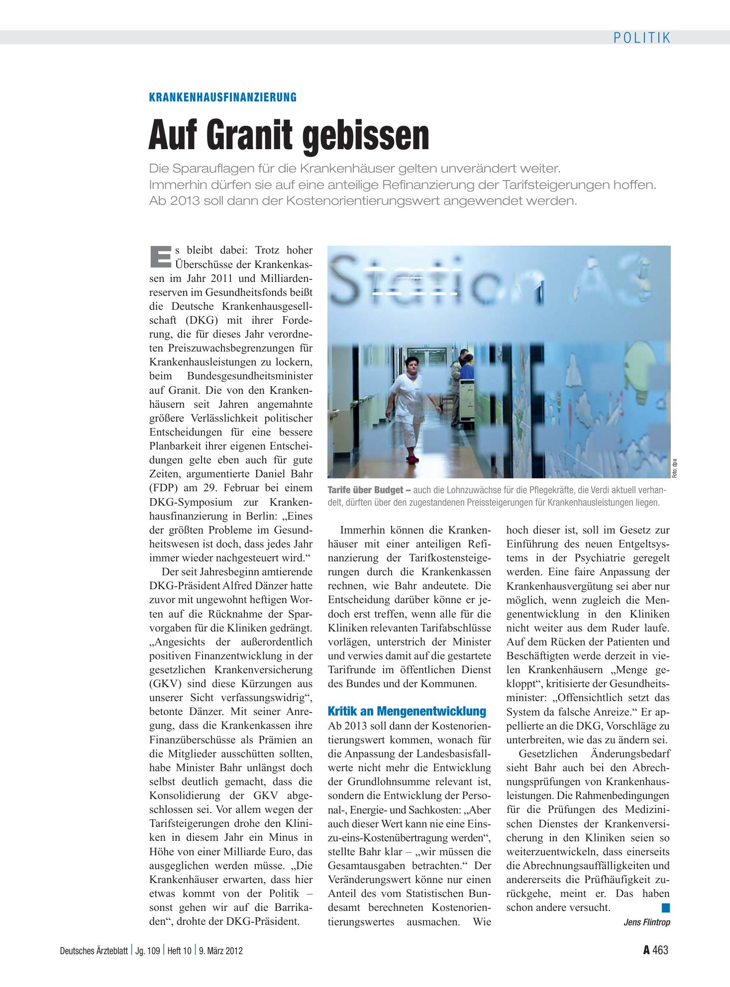 Vorschauseite 1: Krankenhausfinanzierung: Auf Granit gebissen – Deutsches Ärzteblatt
