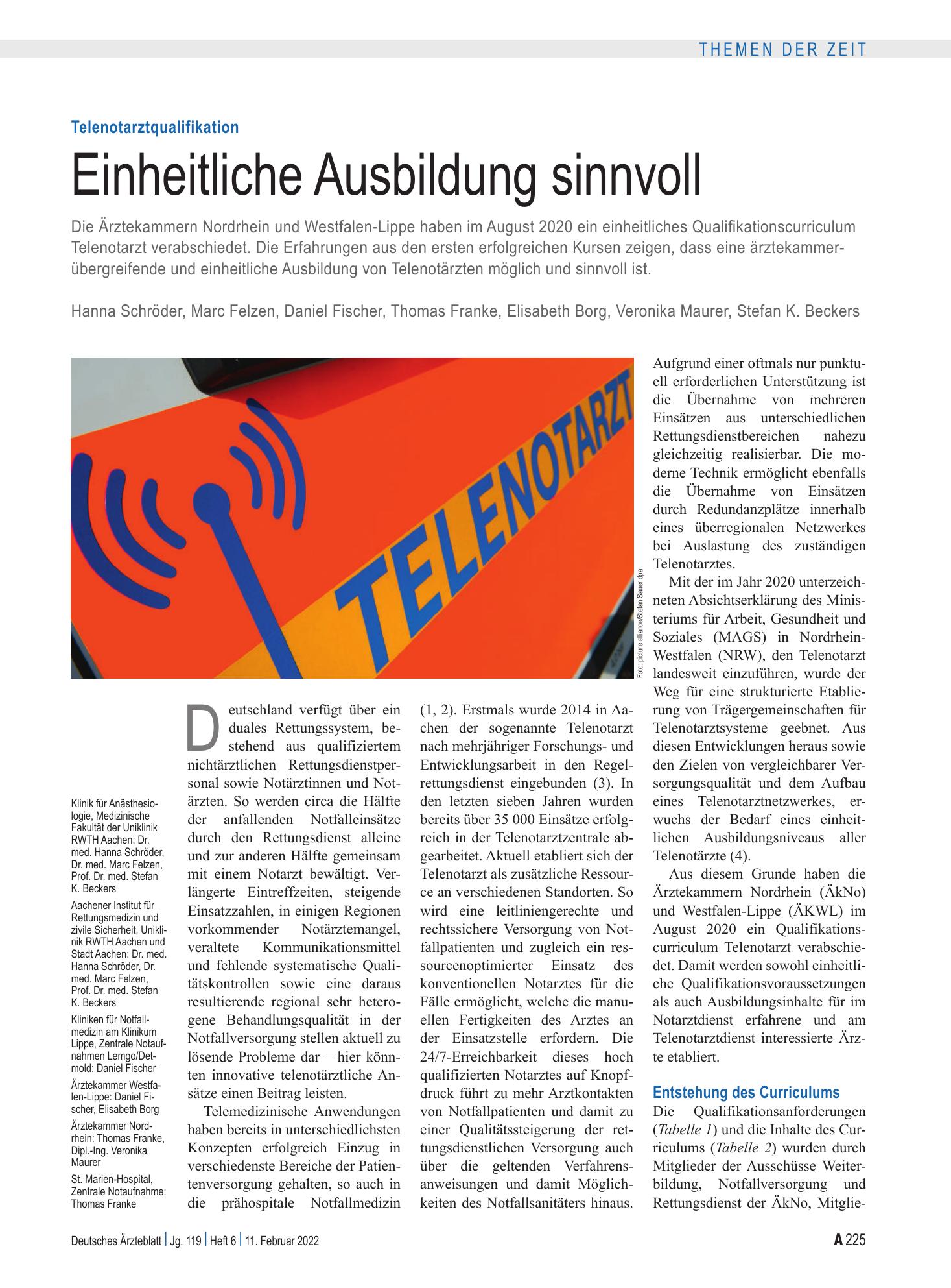 Vorschauseite 1: Telenotarztqualifikation: Einheitliche Ausbildung sinnvoll – Deutsches Ärzteblatt