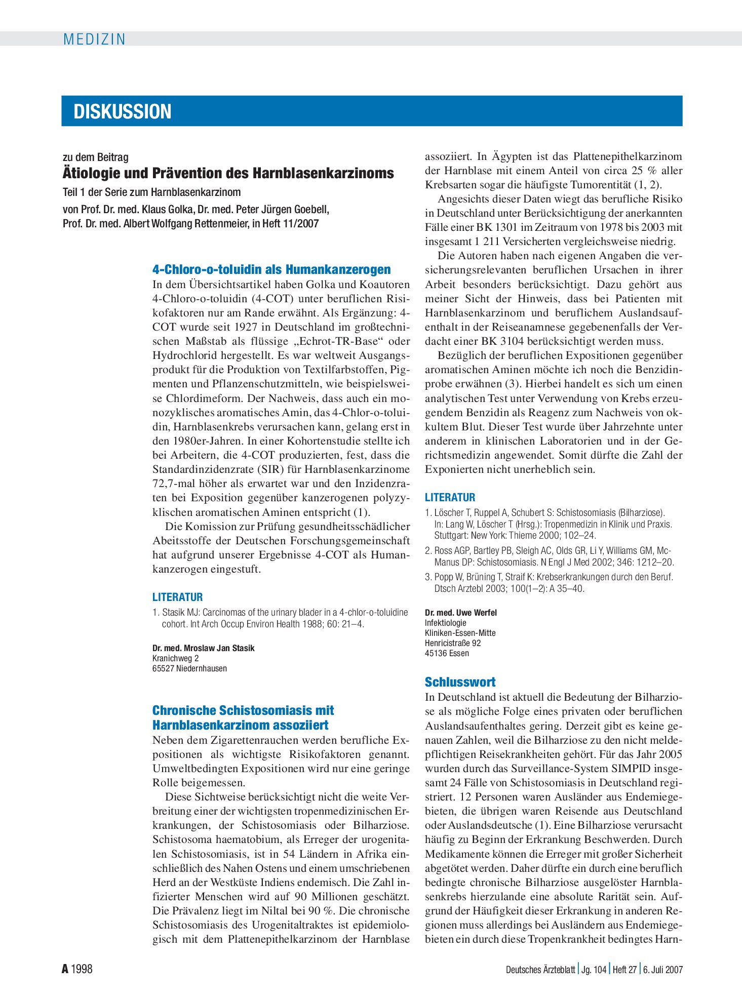 Vorschauseite 1: Ätiologie und Prävention des Harnblasenkarzinoms: Schlusswort – Deutsches Ärzteblatt
