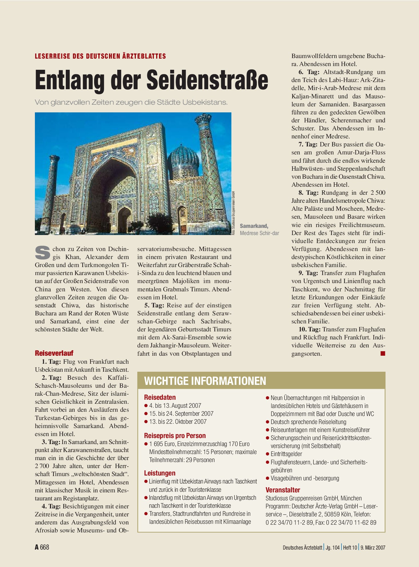 Vorschauseite 1: Leserreise des Deutschen Ärzteblattes: Entlang der Seidenstraße – Deutsches Ärzteblatt