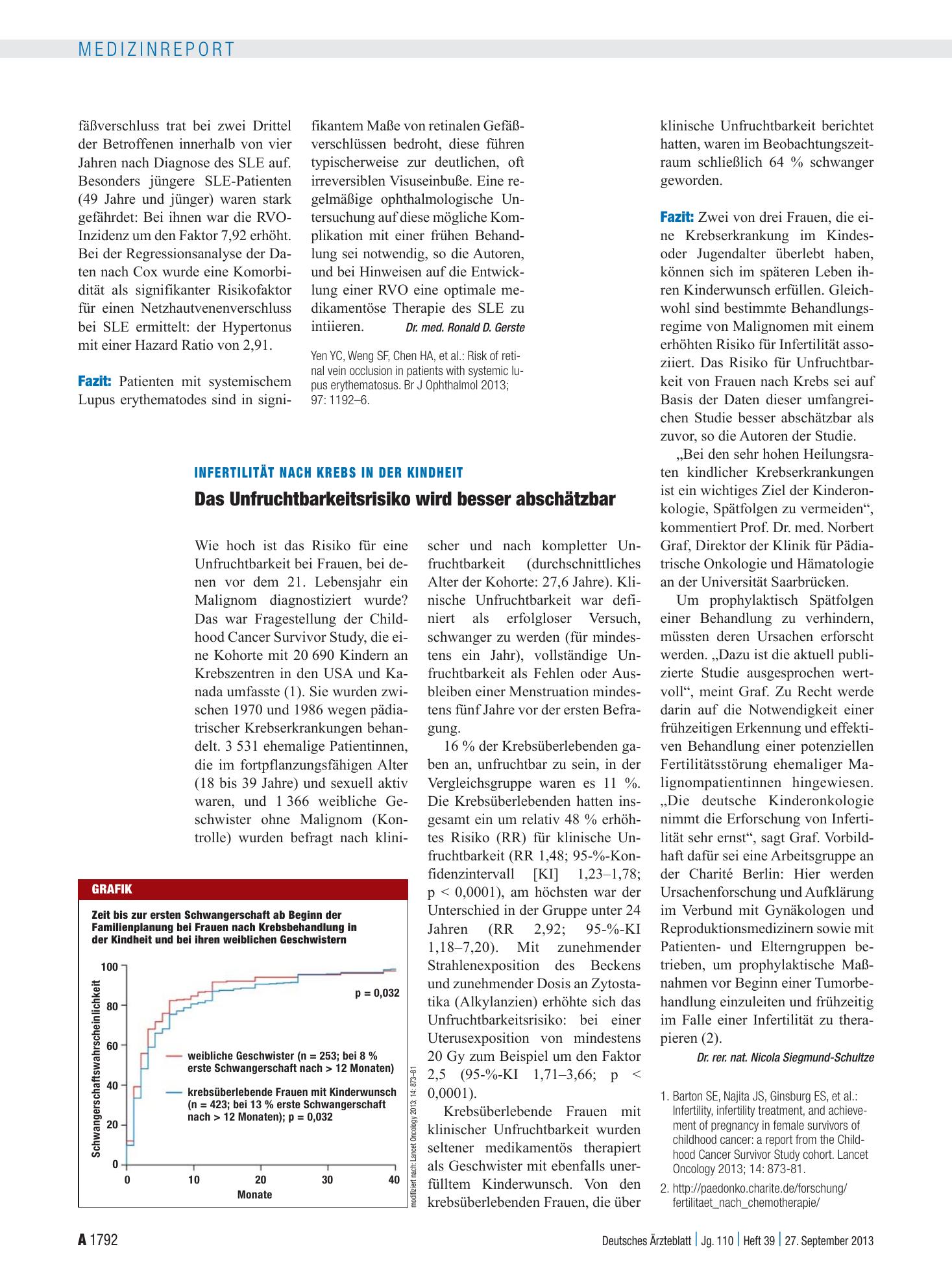 Vorschauseite 1: Infertilität nach Krebs in der Kindheit: Das Unfruchtbarkeitsrisiko wird besser abschätzbar – Deutsches Ärzteblatt