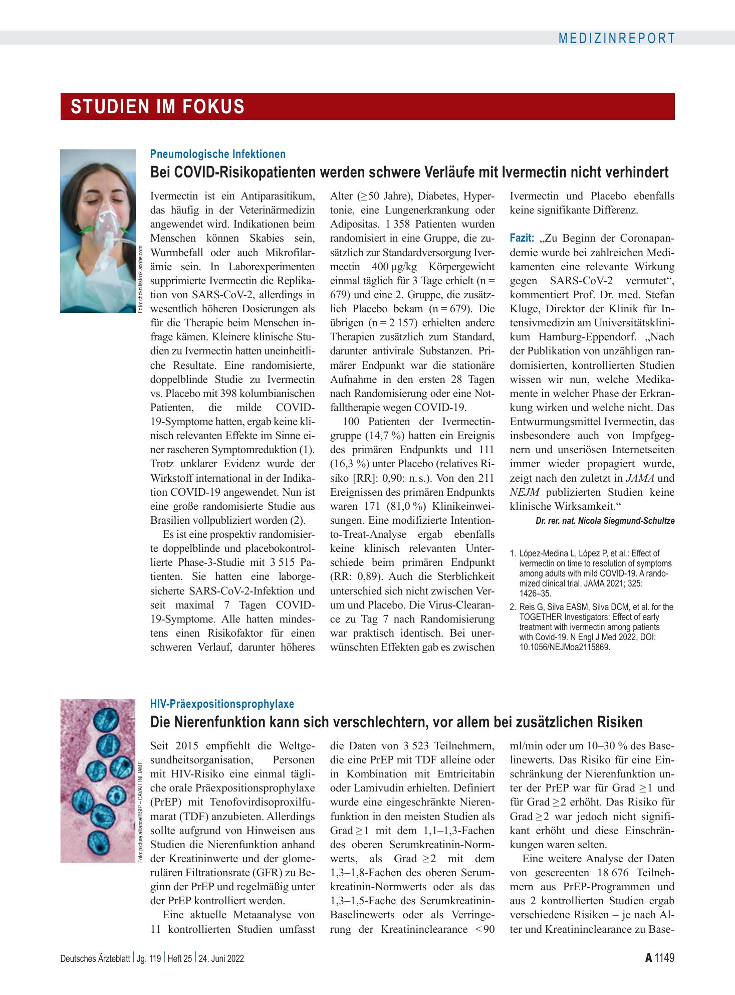 Vorschauseite 1: HIV-Präexpositionsprophylaxe: Die Nierenfunktion kann sich verschlechtern, vor allem bei zusätzlichen Risiken – Deutsches Ärzteblatt