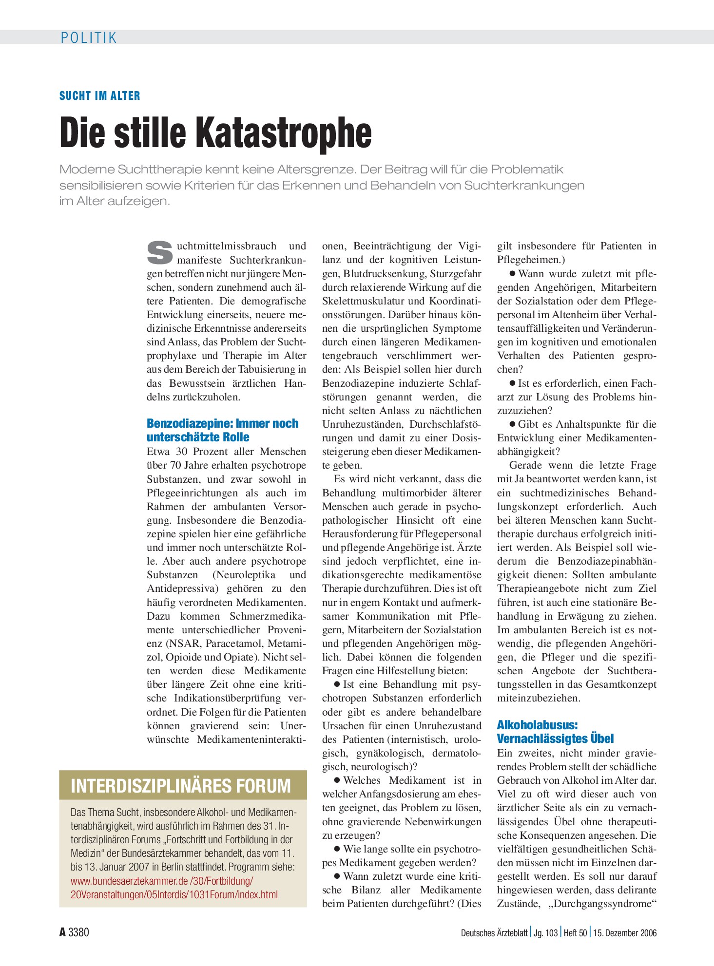 Vorschauseite 1: Sucht im Alter: Die stille Katastrophe – Deutsches Ärzteblatt