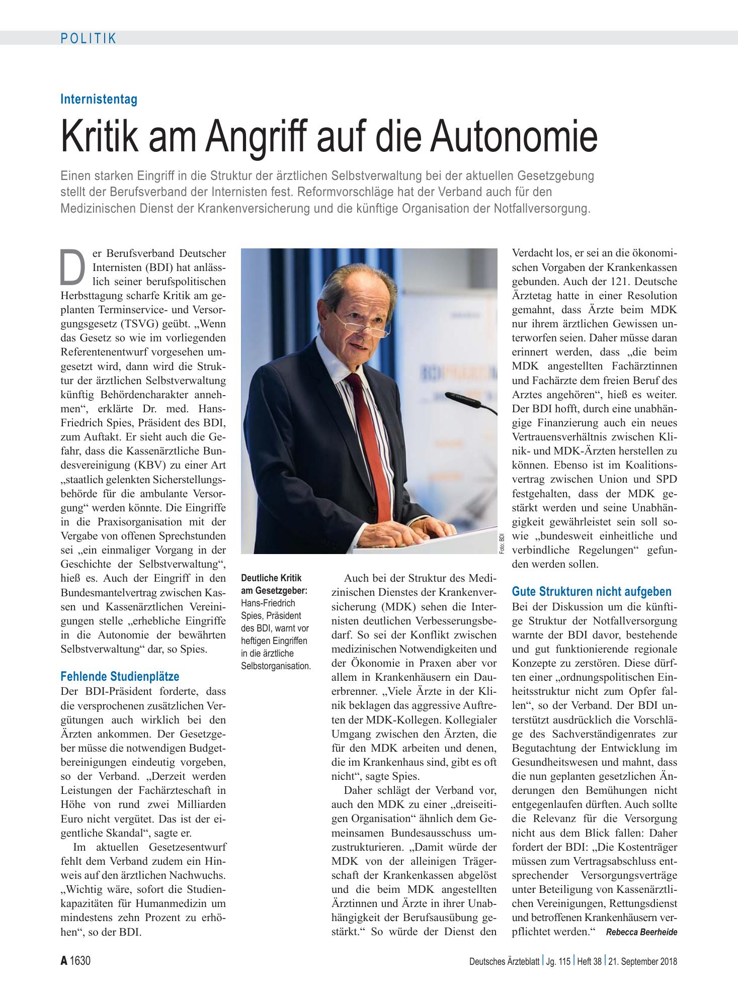Vorschauseite 1: Internistentag: Kritik am Angriff auf die Autonomie – Deutsches Ärzteblatt