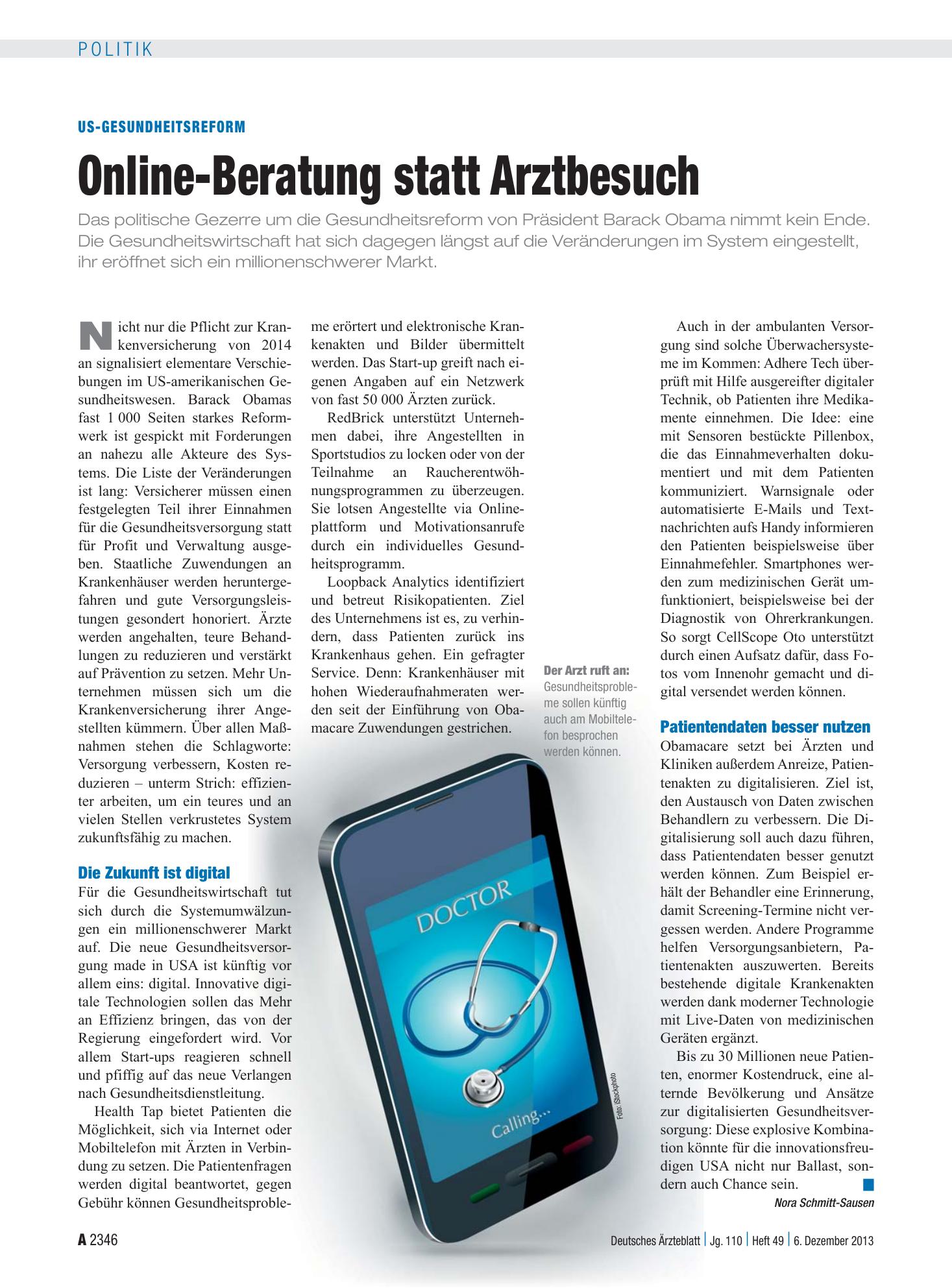 Vorschauseite 1: US-Gesundheitsreform: Online-Beratung statt Arztbesuch – Deutsches Ärzteblatt