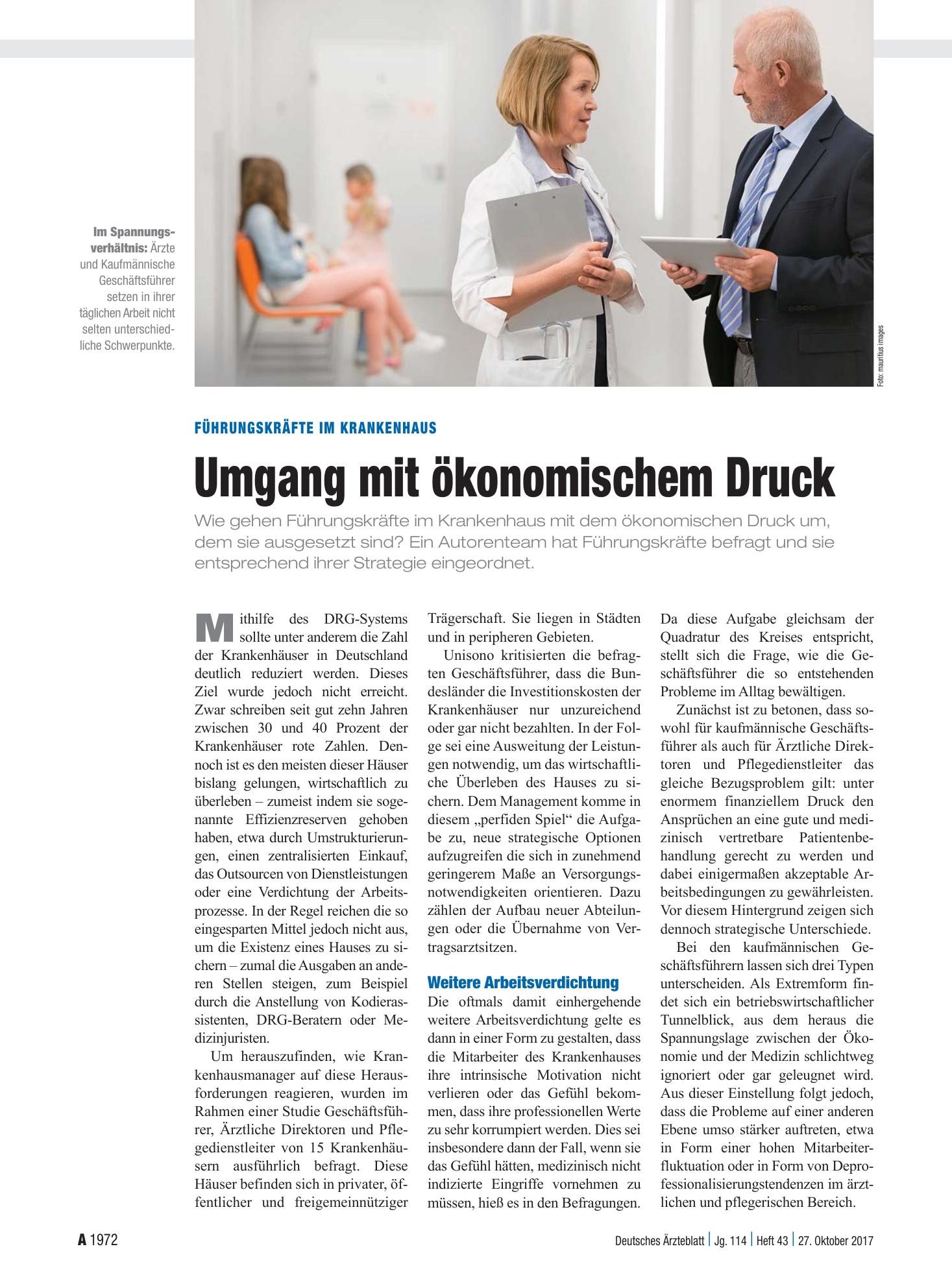 Vorschauseite 1: Führungskräfte im Krankenhaus: Umgang mit ökonomischem Druck – Deutsches Ärzteblatt