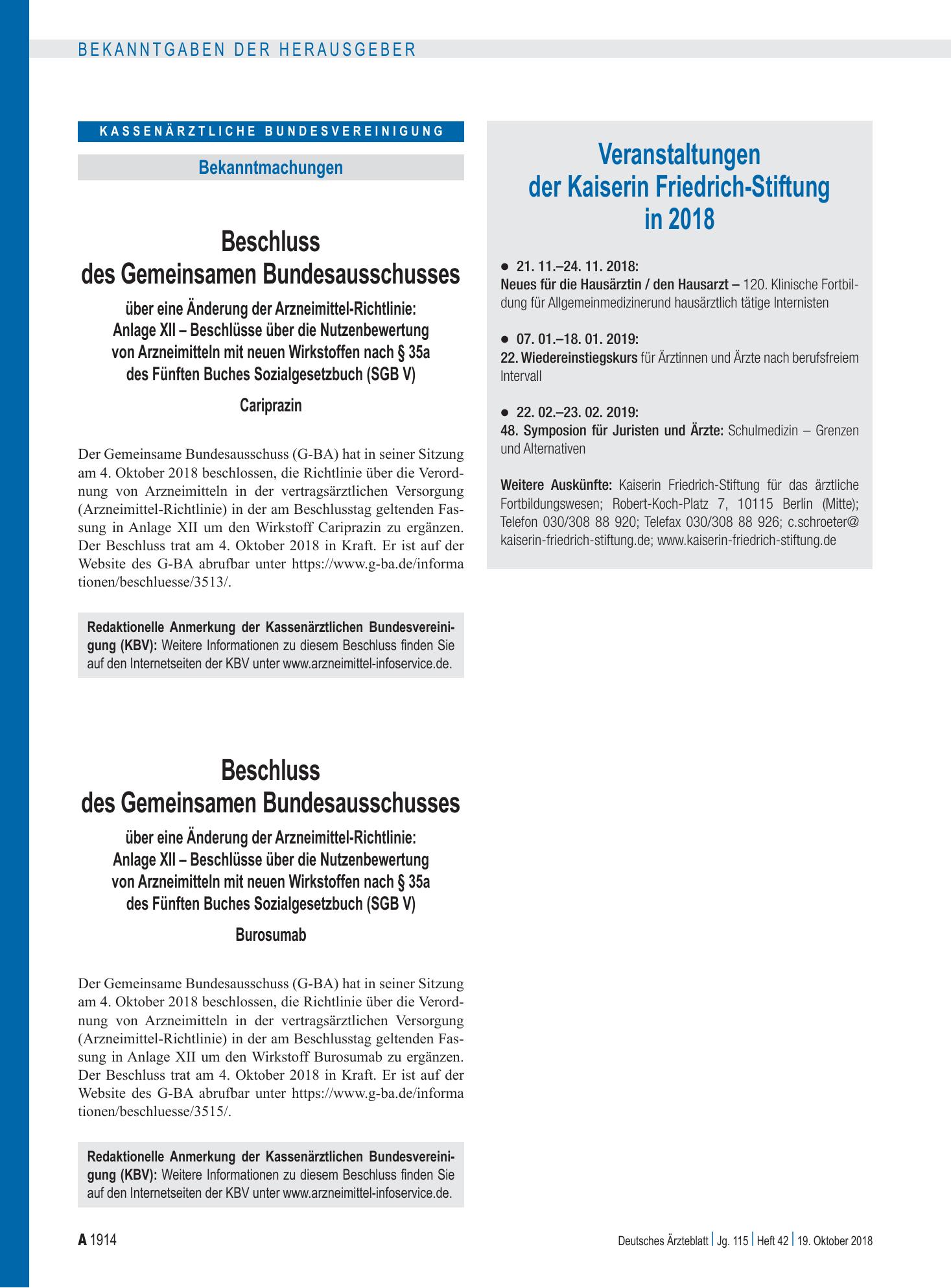 Vorschauseite 1: Veranstaltungen der Kaiserin Friedrich-Stiftung in 2018 – Deutsches Ärzteblatt