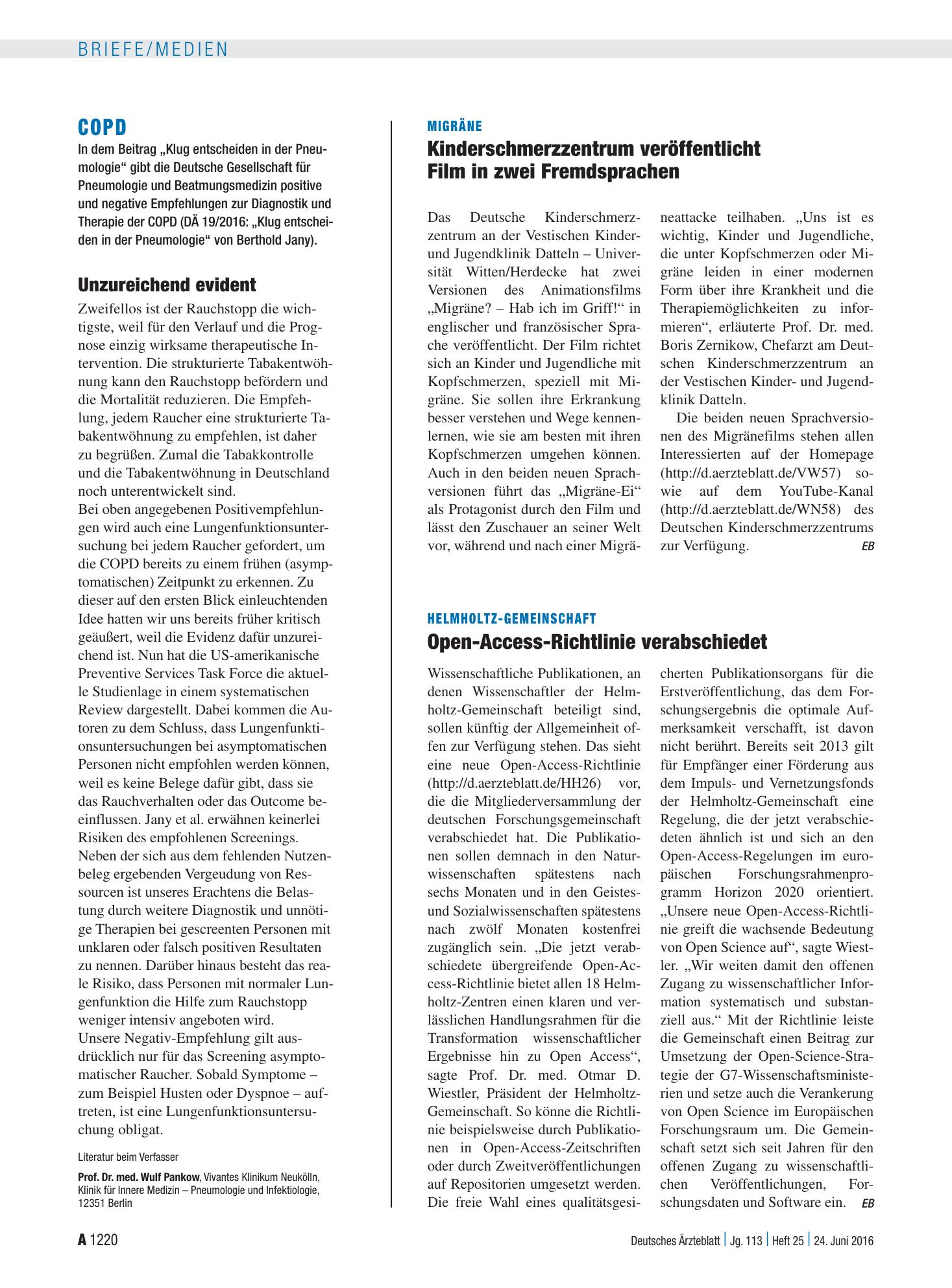 Vorschauseite 1: COPD: Unzureichend evident – Deutsches Ärzteblatt