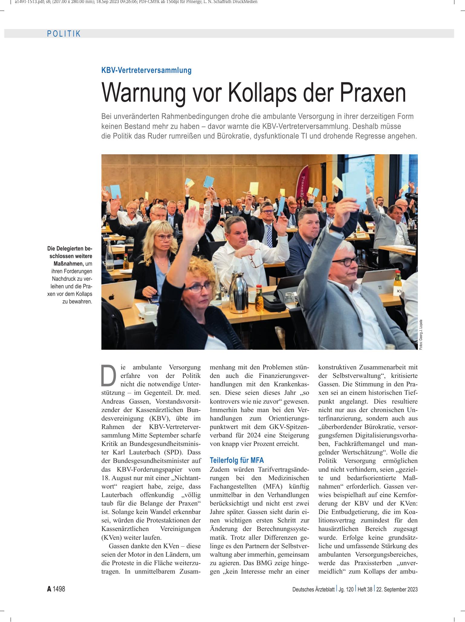 Vorschauseite 1: KBV-Vertreterversammlung: Warnung vor Kollaps der Praxen – Deutsches Ärzteblatt