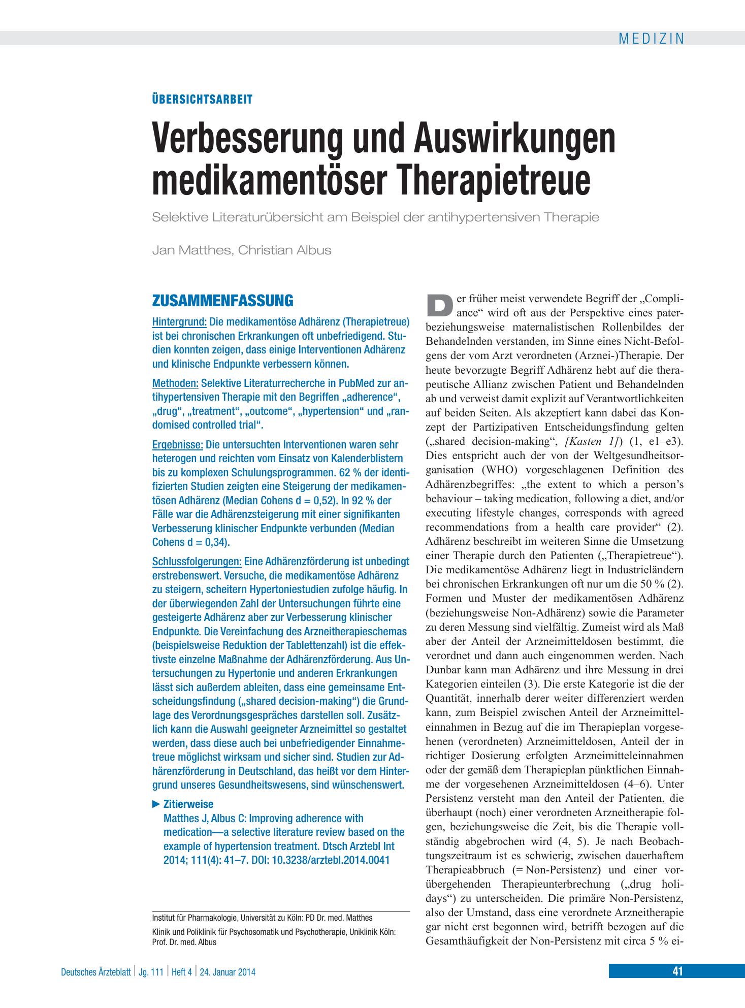 Vorschauseite 1: Verbesserung und Auswirkungen medikamentöser Therapietreue – Deutsches Ärzteblatt