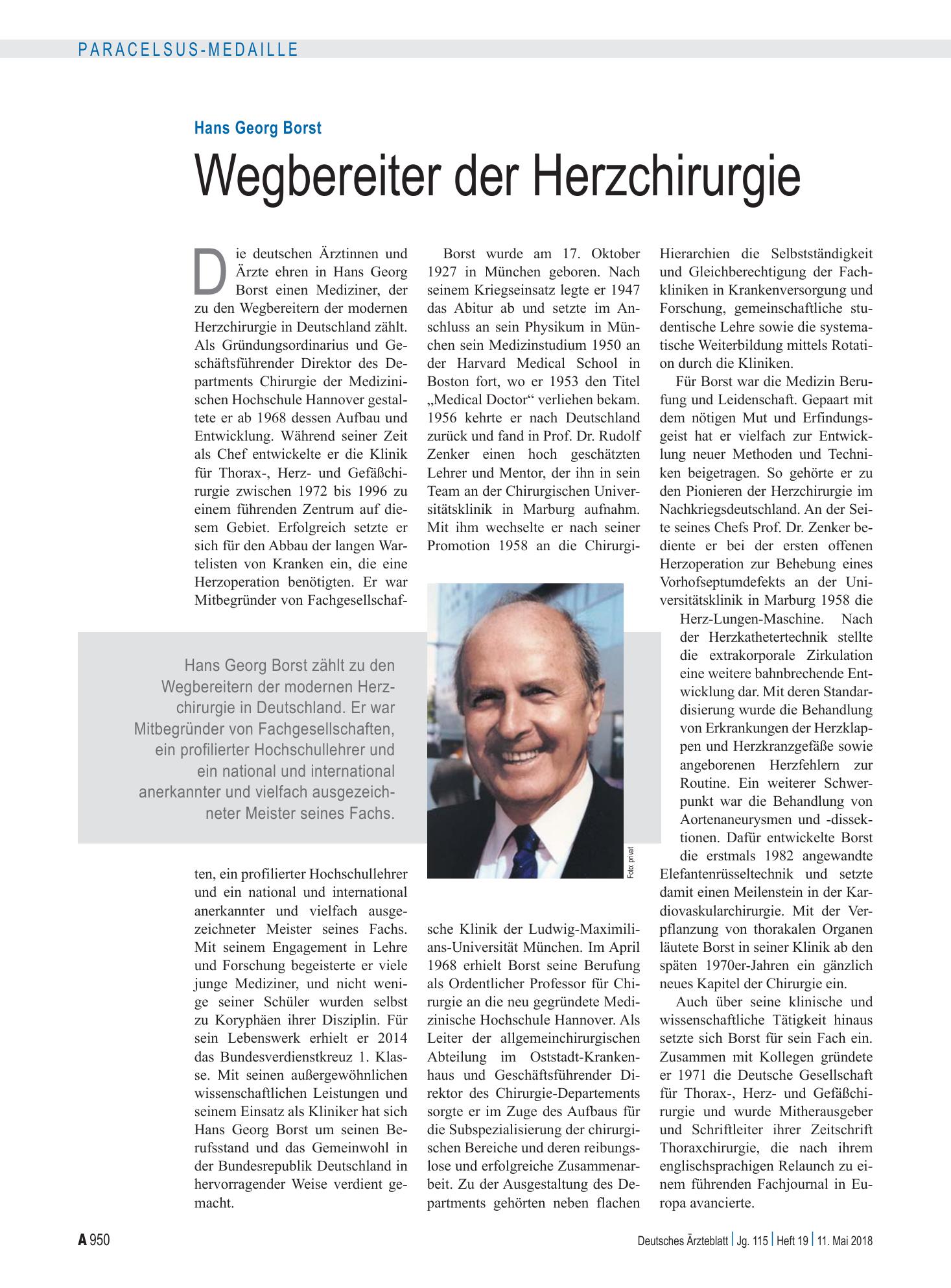 Vorschauseite 1: Hans Georg Borst: Wegbereiter der Herzchirurgie – Deutsches Ärzteblatt