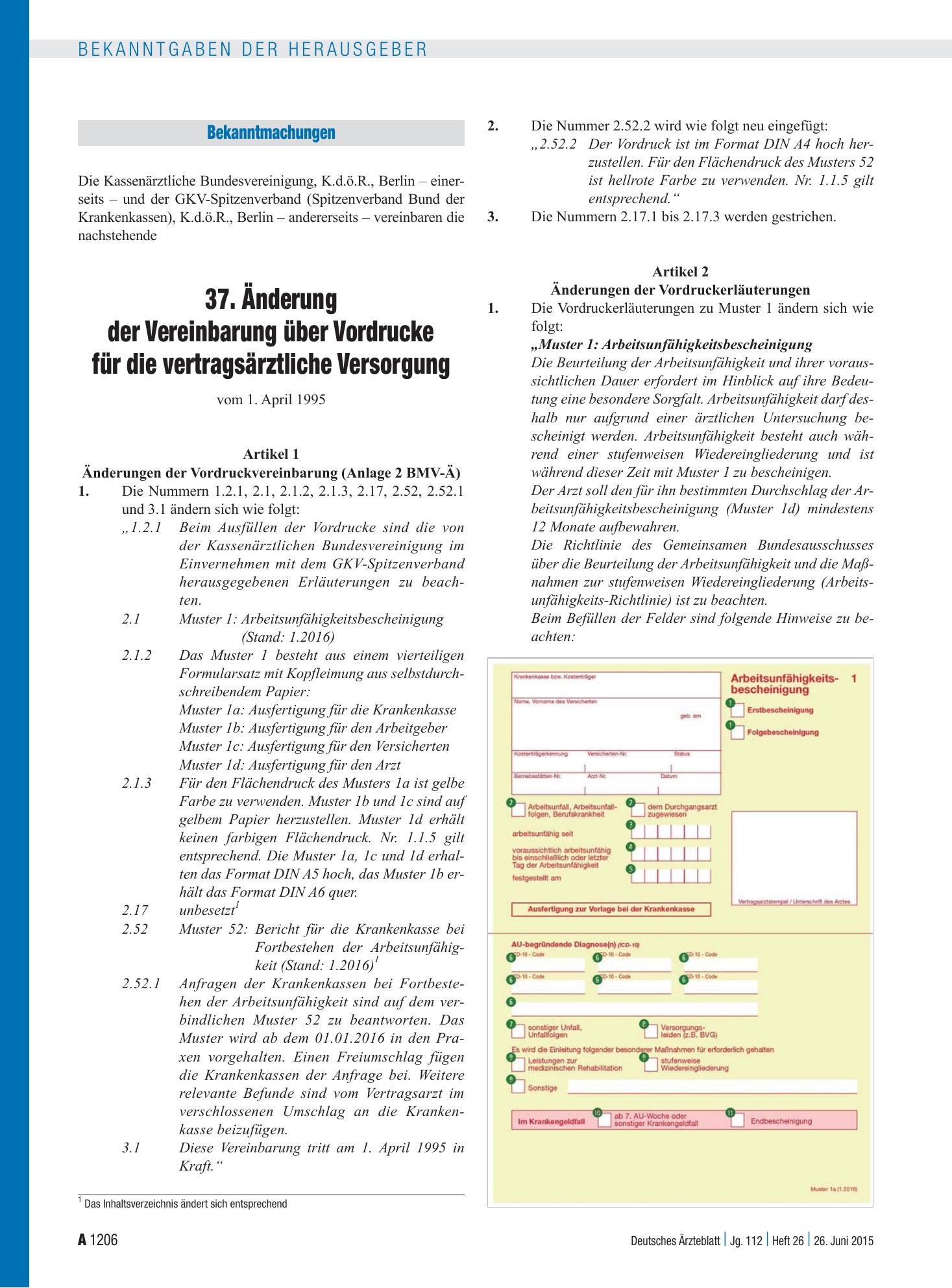Vorschauseite 1: 37. Änderung der Vereinbarung über Vordrucke für die vertragsärztliche Versorgung – Deutsches Ärzteblatt